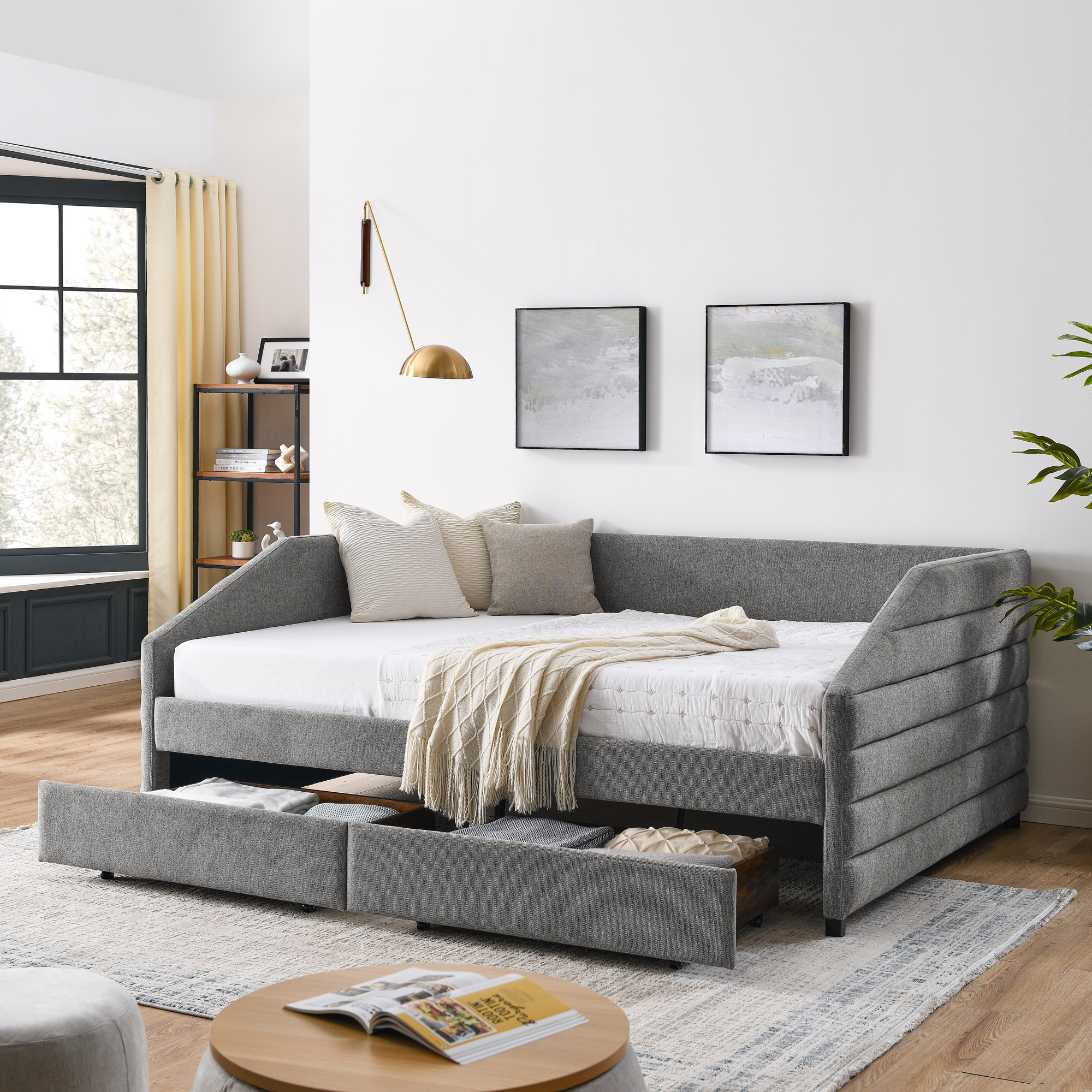 Queen Size Daybed with Two Drawers Trundle Upholstered Tufted Sofa Bed, Linen Fabric, Grey (88″x64.5″x34″)