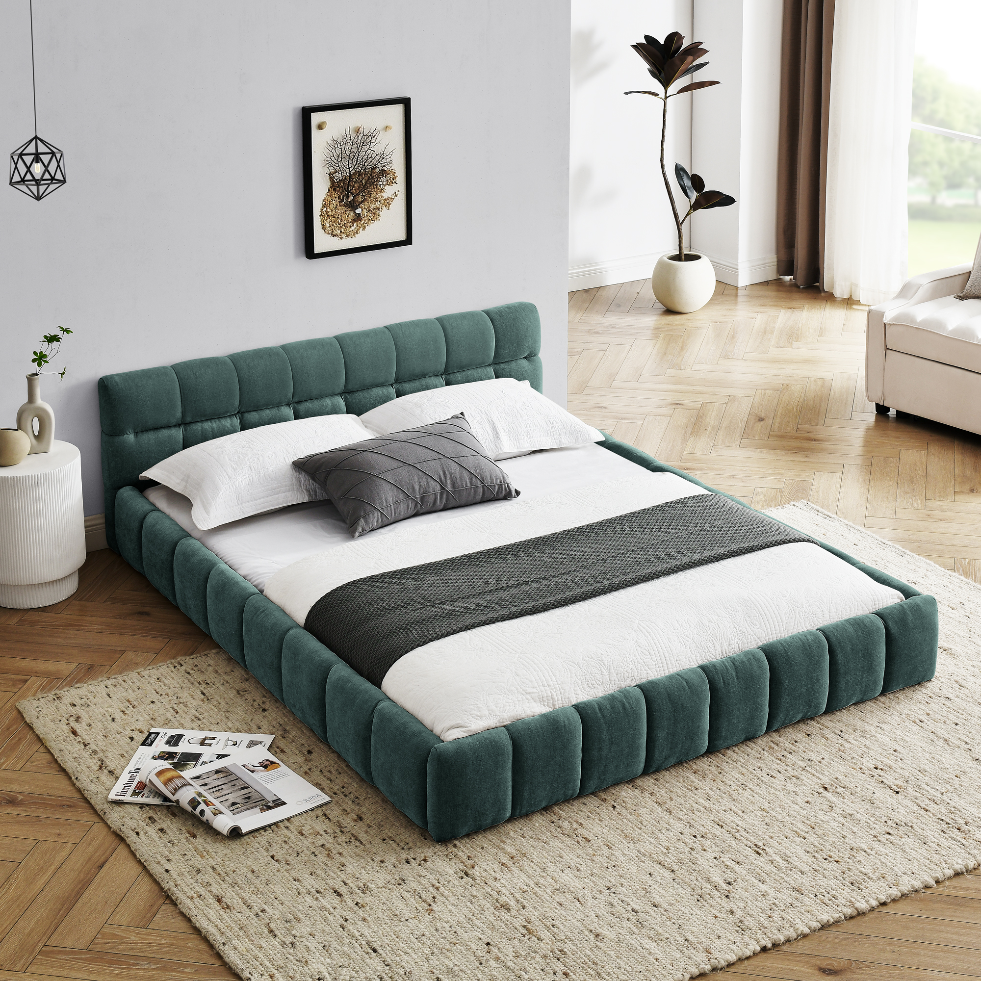 Queen Size Upholstered Bed Frame with Thick Fabric, Chenille Fabric Grounded Queen Size Platform Bed with Headboard and Solid Frame. No Box Spring Needed, GREEN(68''*86.5''*23.5'') - Image 1