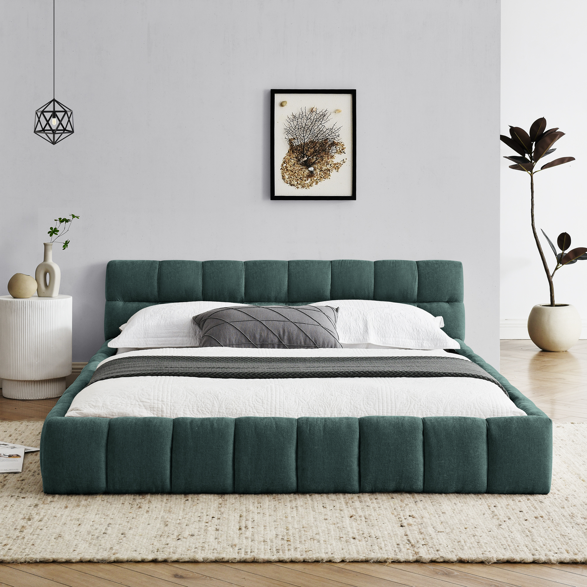 Queen Size Upholstered Bed Frame with Thick Fabric, Chenille Fabric Grounded Queen Size Platform Bed with Headboard and Solid Frame. No Box Spring Needed, GREEN(68''*86.5''*23.5'') - Image 3