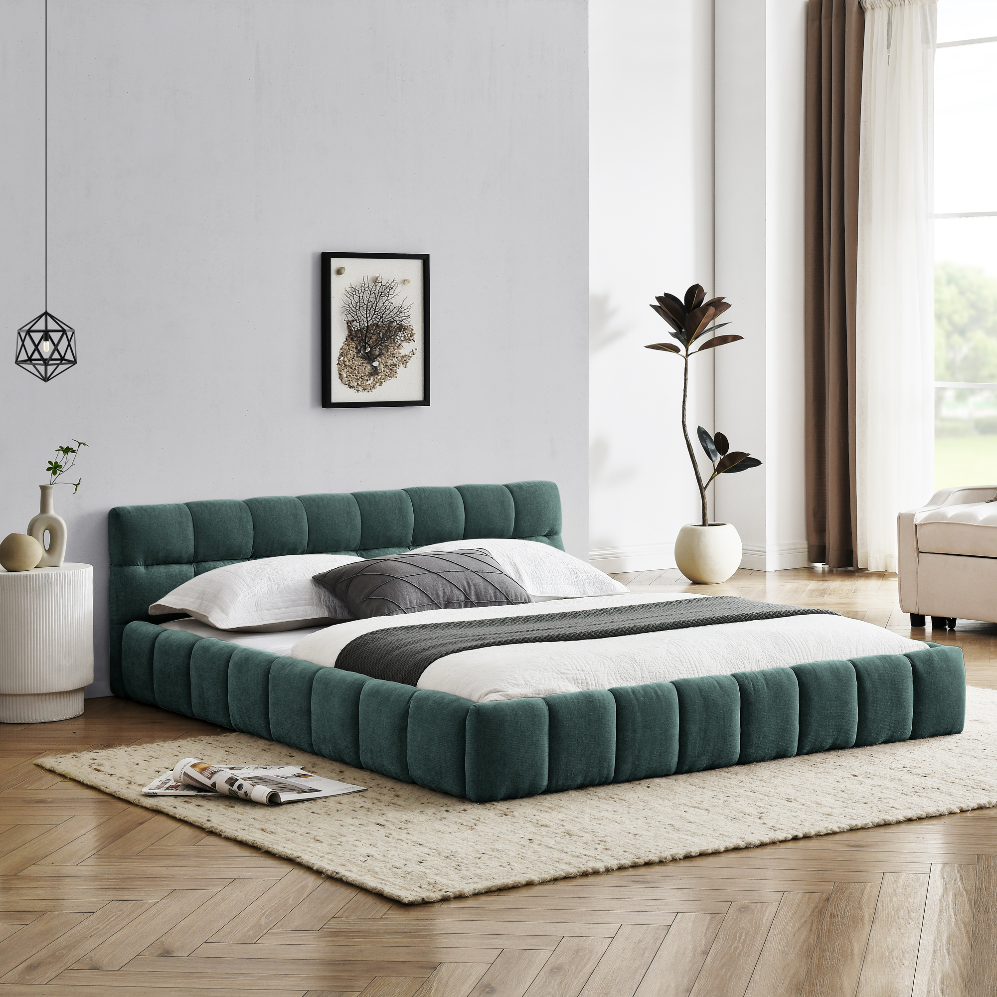 Queen Size Upholstered Bed Frame with Thick Fabric, Chenille Fabric Grounded Queen Size Platform Bed with Headboard and Solid Frame. No Box Spring Needed, GREEN(68''*86.5''*23.5'') - Image 2