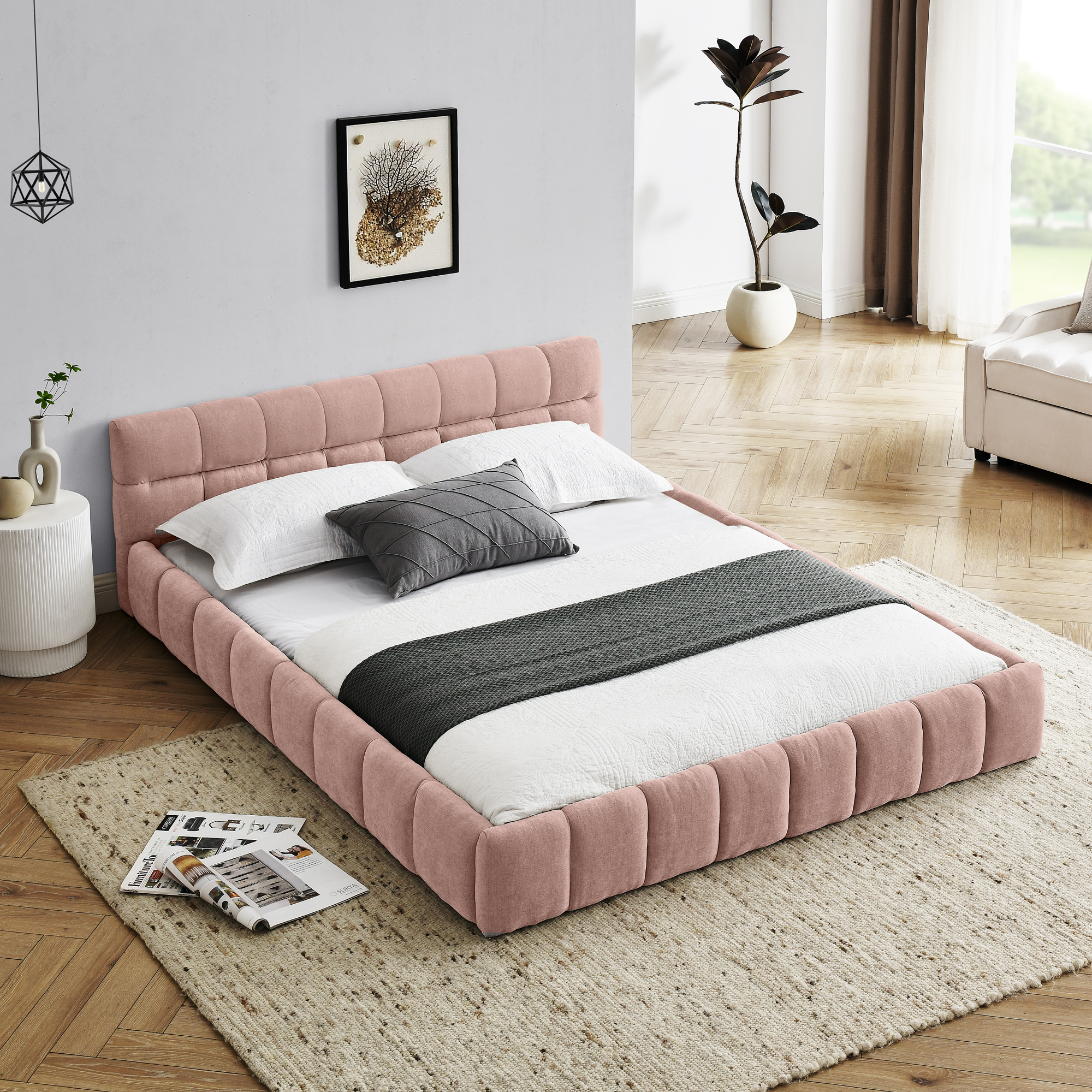 Queen Size Upholstered Bed Frame with Thick Fabric, Chenille Fabric Grounded Queen Size Platform Bed with Headboard and Solid Frame. No Box Spring Needed, PINK(68”*86.5”*23.5”)