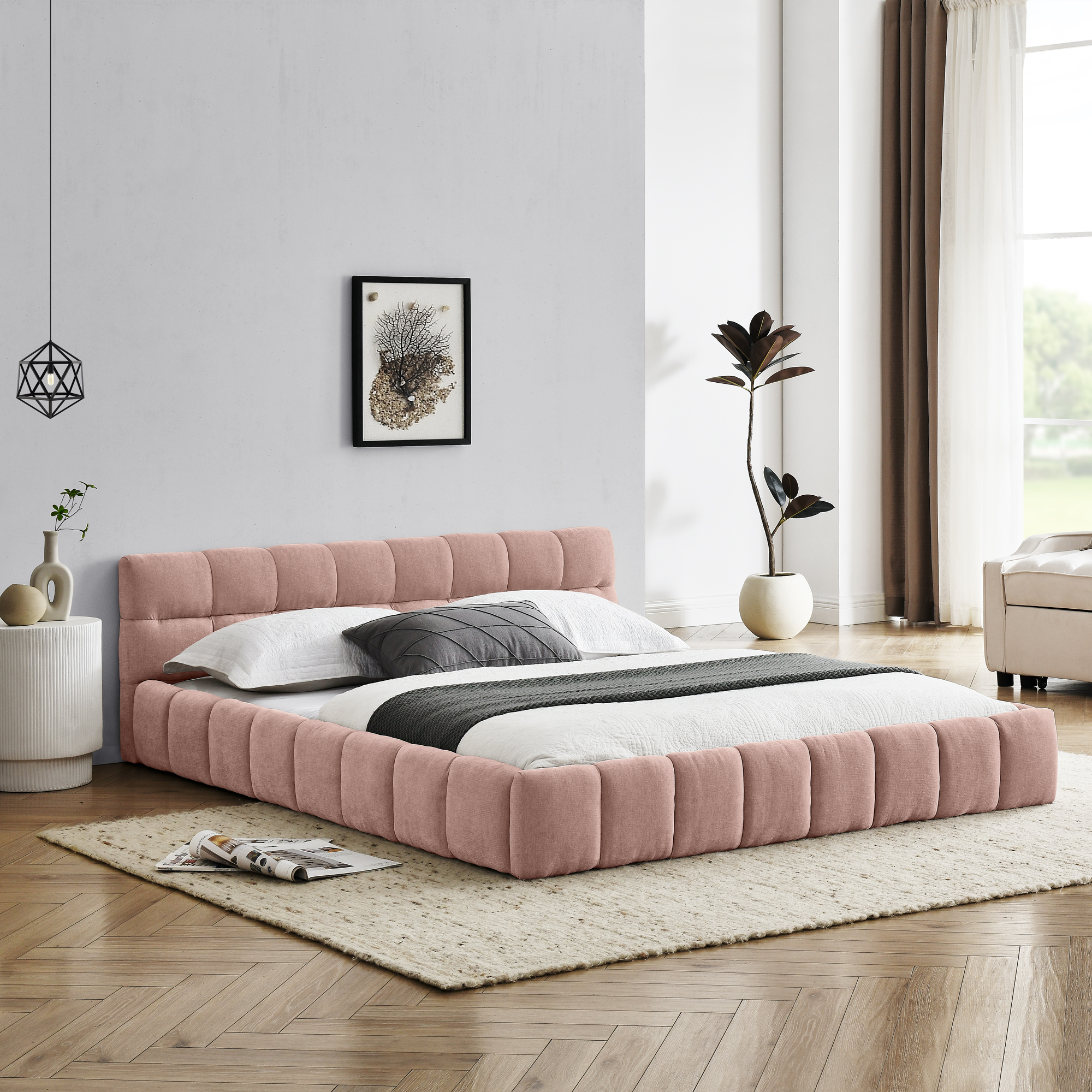 Queen Size Upholstered Bed Frame with Thick Fabric, Chenille Fabric Grounded Queen Size Platform Bed with Headboard and Solid Frame. No Box Spring Needed, PINK(68''*86.5''*23.5'') - Image 2