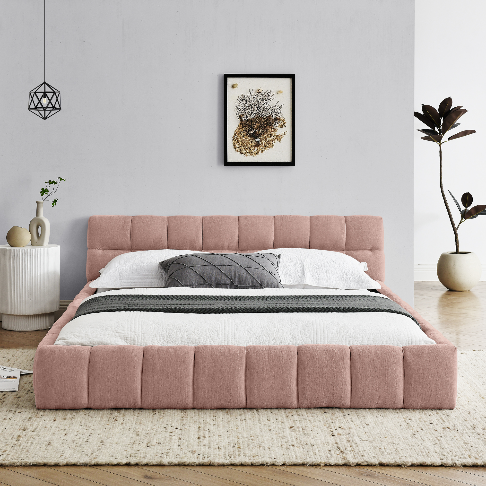 Queen Size Upholstered Bed Frame with Thick Fabric, Chenille Fabric Grounded Queen Size Platform Bed with Headboard and Solid Frame. No Box Spring Needed, PINK(68''*86.5''*23.5'') - Image 3