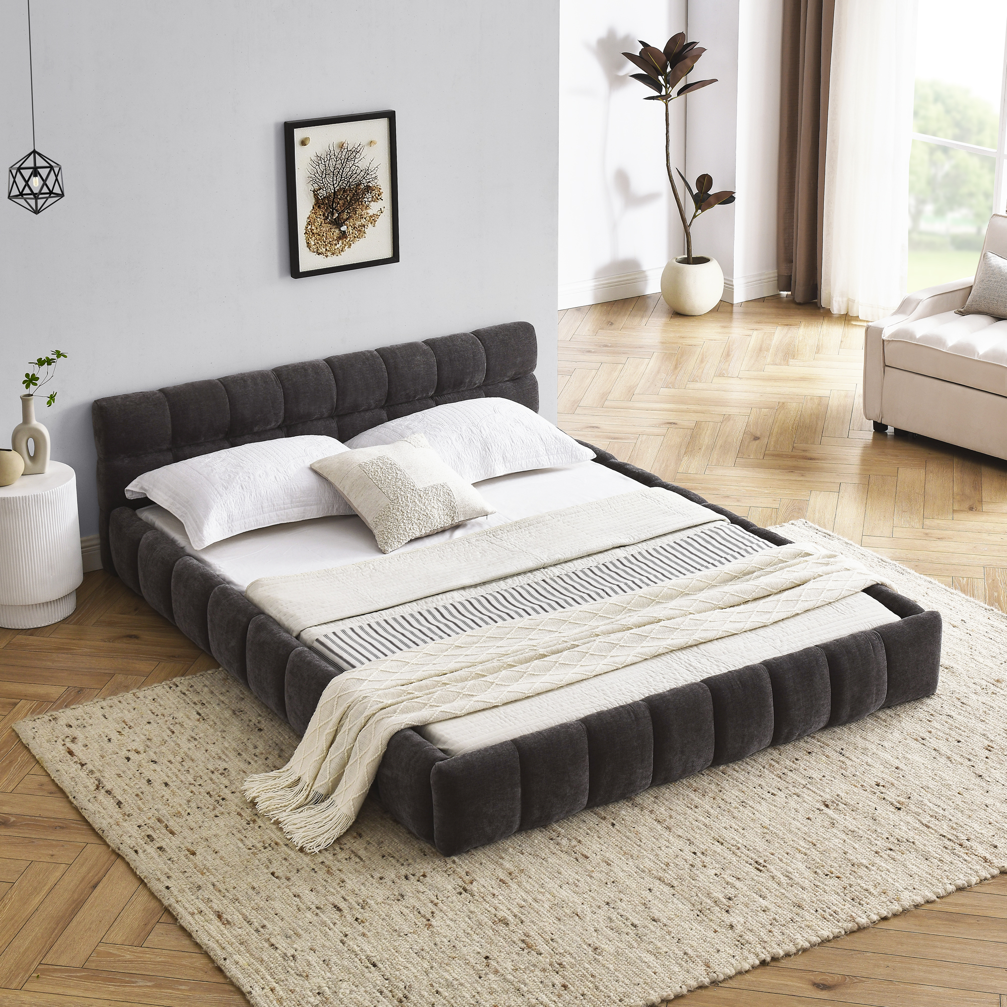 Queen Size Upholstered Bed Frame with Thick Fabric, Chenille Fabric Grounded Queen Size Platform Bed with Headboard and Solid Frame. No Box Spring Needed, Dark Grey(68”*86.5”*23.5”)