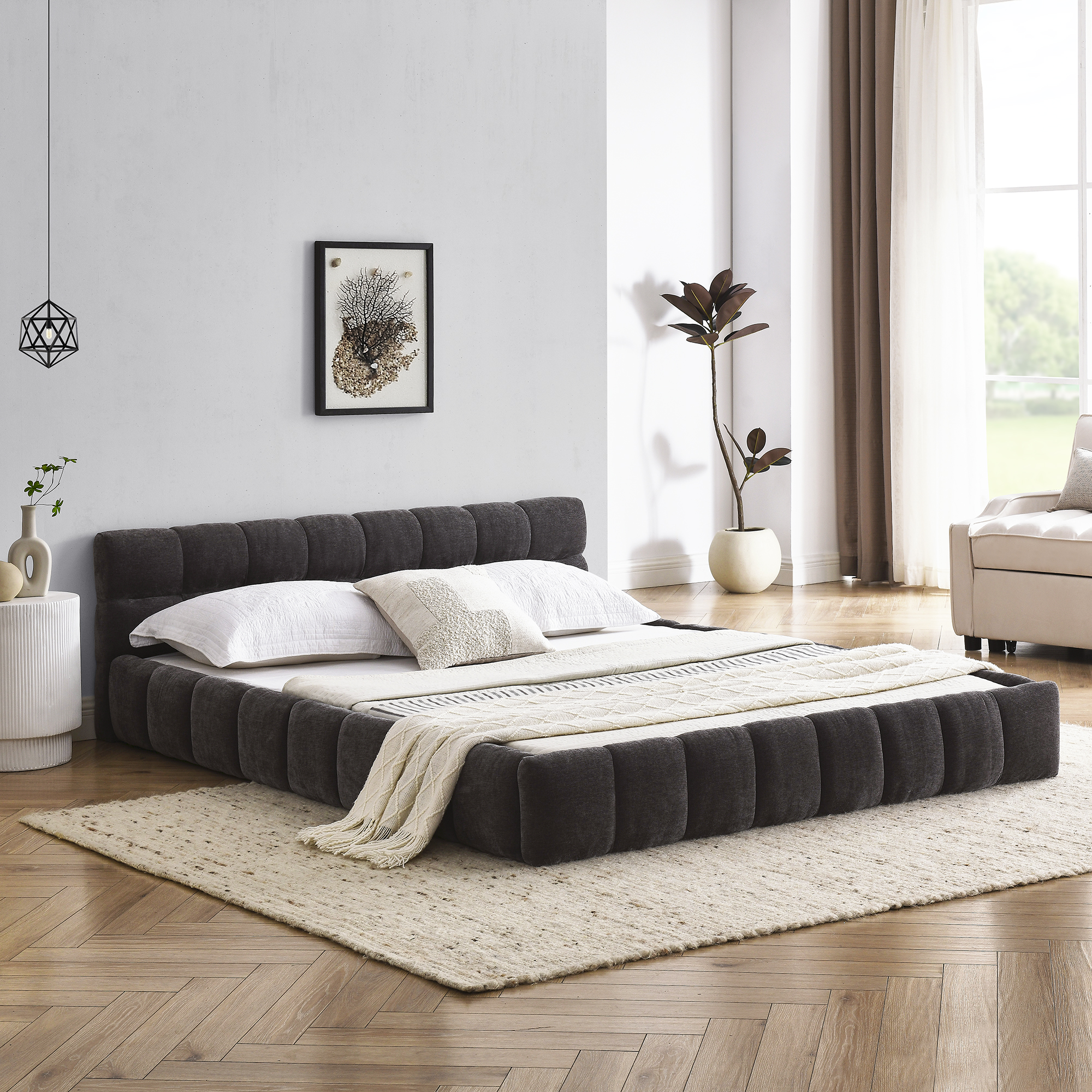 Queen Size Upholstered Bed Frame with Thick Fabric, Chenille Fabric Grounded Queen Size Platform Bed with Headboard and Solid Frame. No Box Spring Needed, Dark Grey(68''*86.5''*23.5'') - Image 2