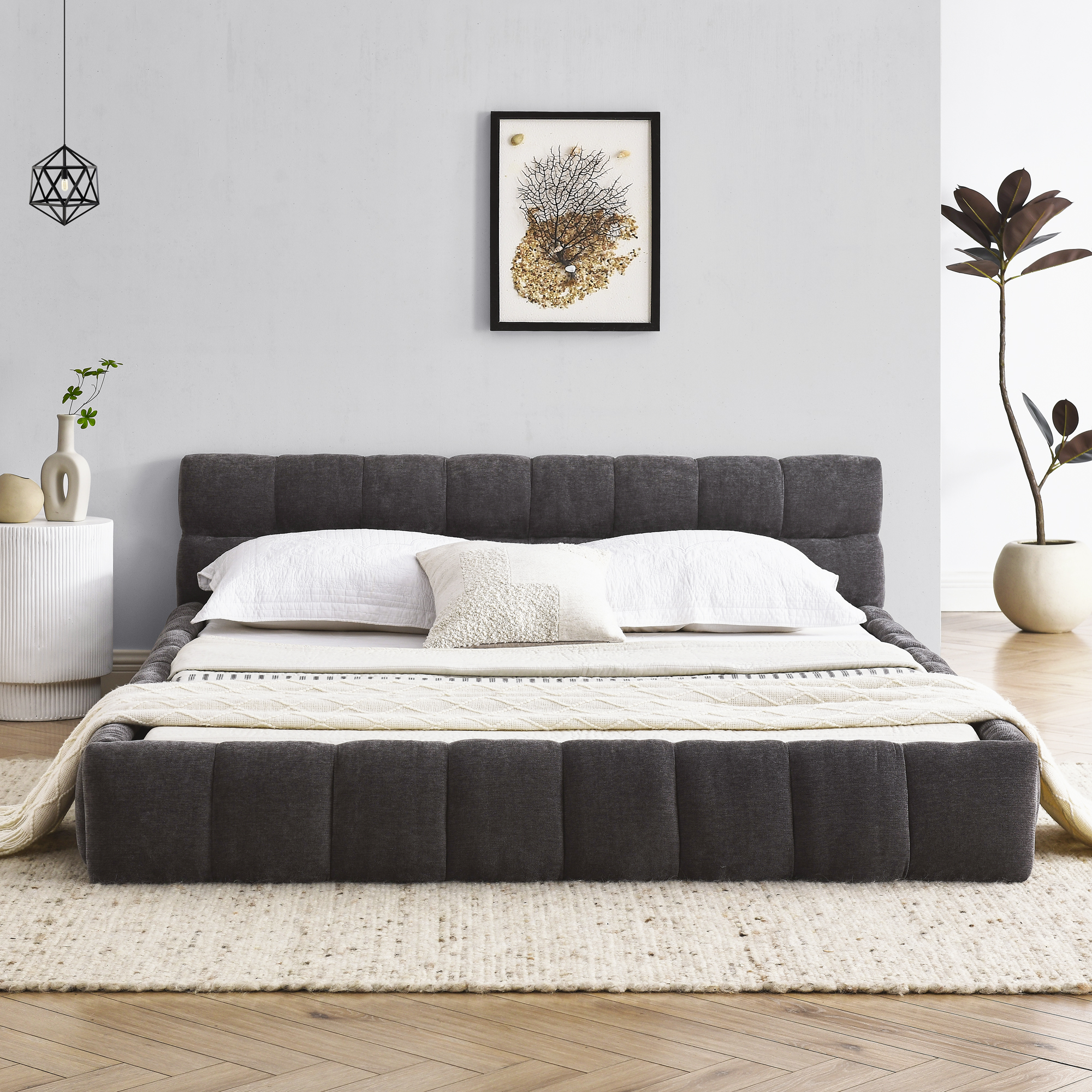 Queen Size Upholstered Bed Frame with Thick Fabric, Chenille Fabric Grounded Queen Size Platform Bed with Headboard and Solid Frame. No Box Spring Needed, Dark Grey(68''*86.5''*23.5'') - Image 3