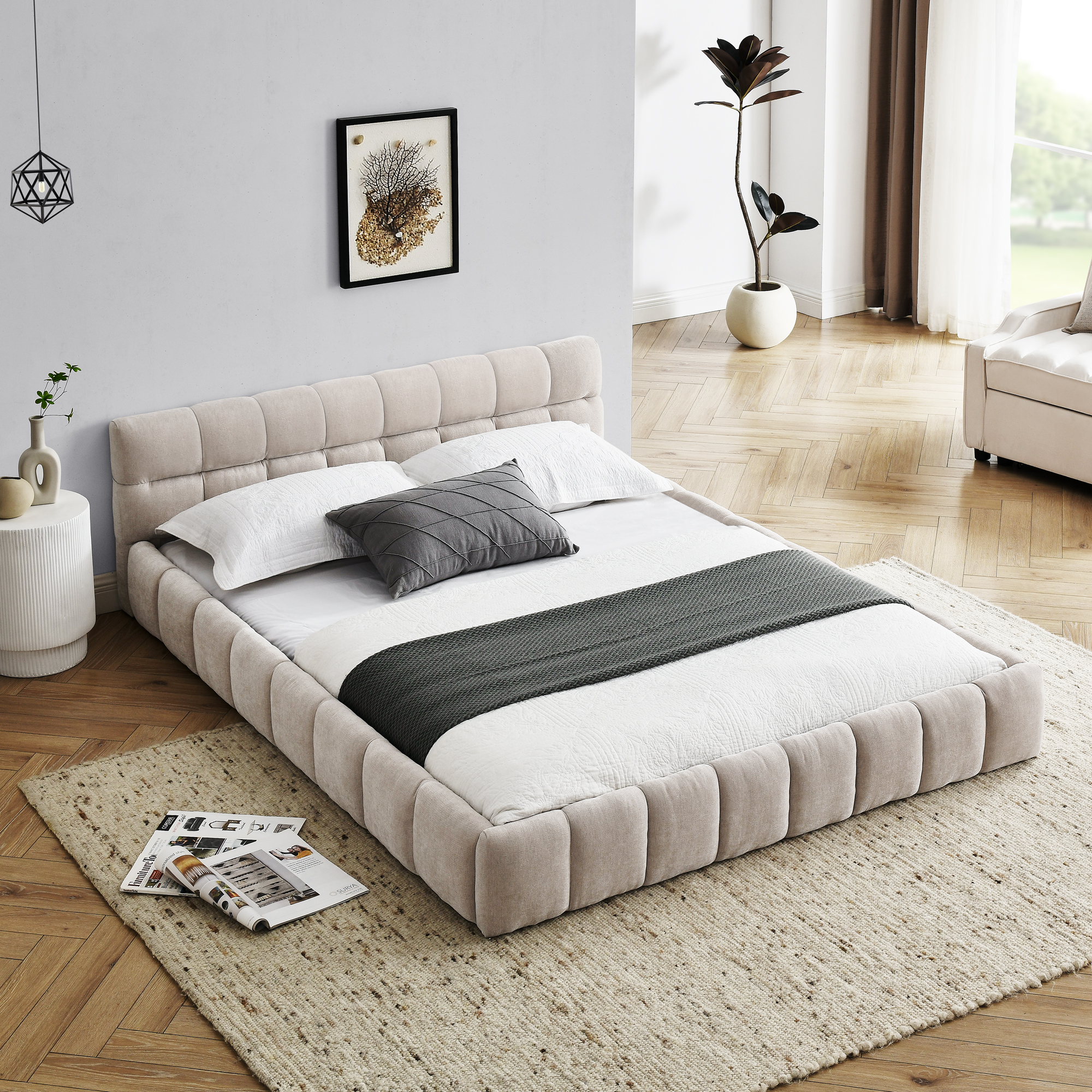 Queen Size Upholstered Bed Frame with Thick Fabric, Chenille Fabric Grounded Queen Size Platform Bed with Headboard and Solid Frame. No Box Spring Needed, Beige(68''*86.5''*23.5'') - Image 1