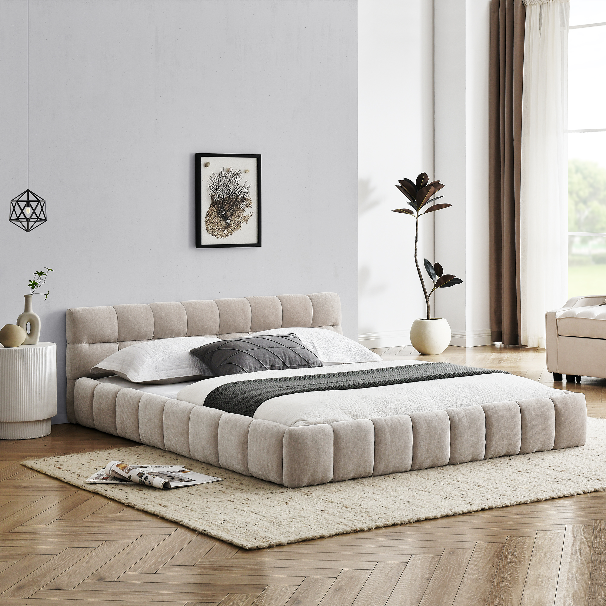 Queen Size Upholstered Bed Frame with Thick Fabric, Chenille Fabric Grounded Queen Size Platform Bed with Headboard and Solid Frame. No Box Spring Needed, Beige(68''*86.5''*23.5'') - Image 2