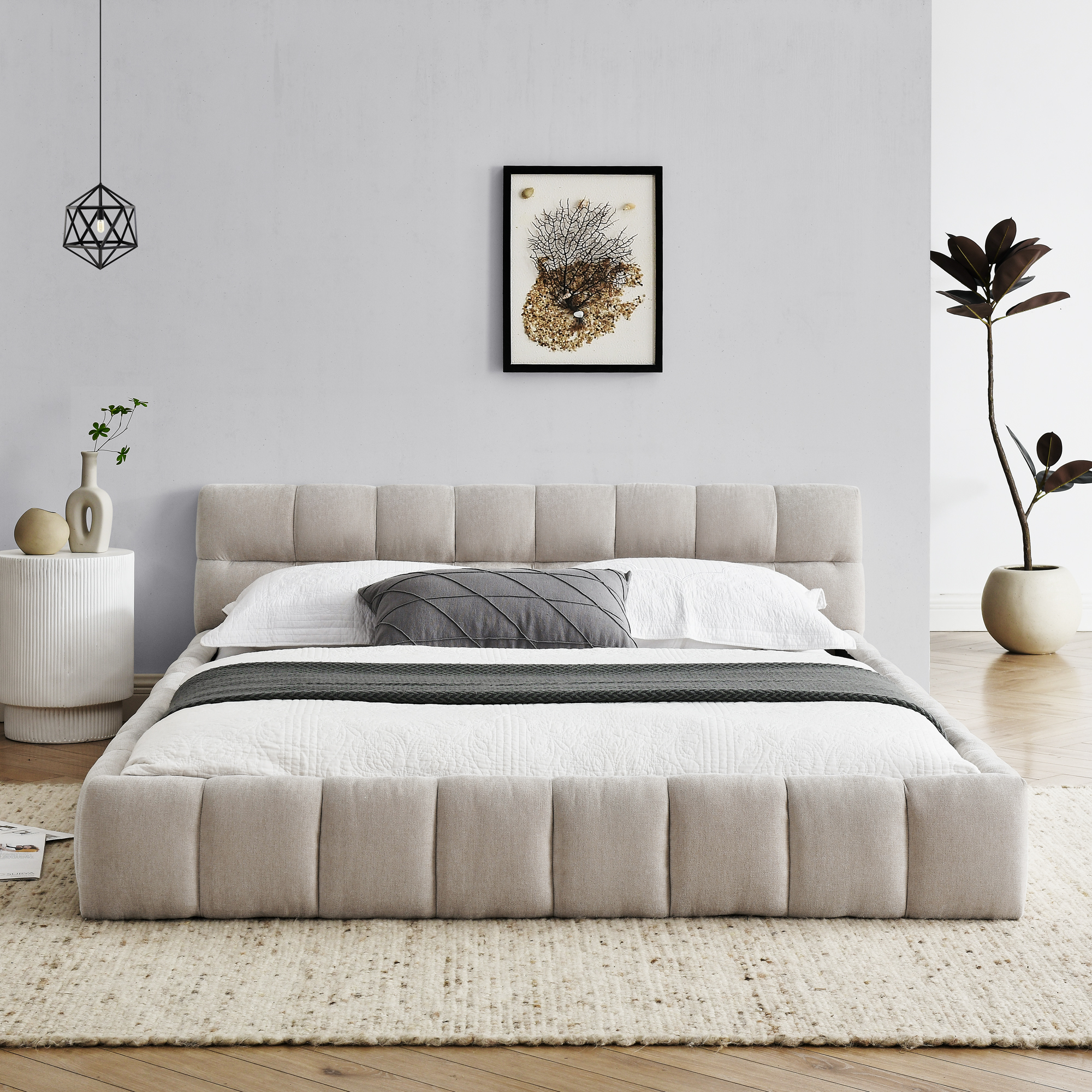 Queen Size Upholstered Bed Frame with Thick Fabric, Chenille Fabric Grounded Queen Size Platform Bed with Headboard and Solid Frame. No Box Spring Needed, Beige(68''*86.5''*23.5'') - Image 3