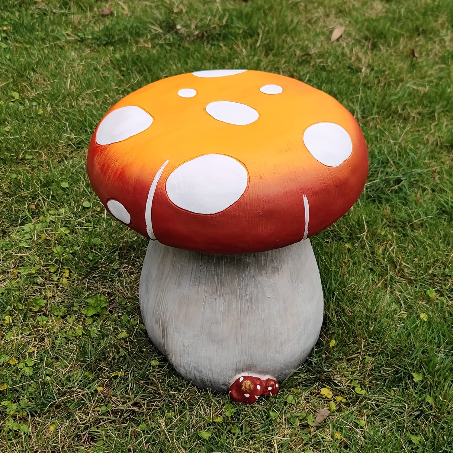 13.4" Oversized Mushroom Statue Stool, Resin Garden Stool with Forest Base, Multi-Purpose Decorative Stool for Courtyard, Lawn, Indoor & Outdoor Summer Decoration - Image 2