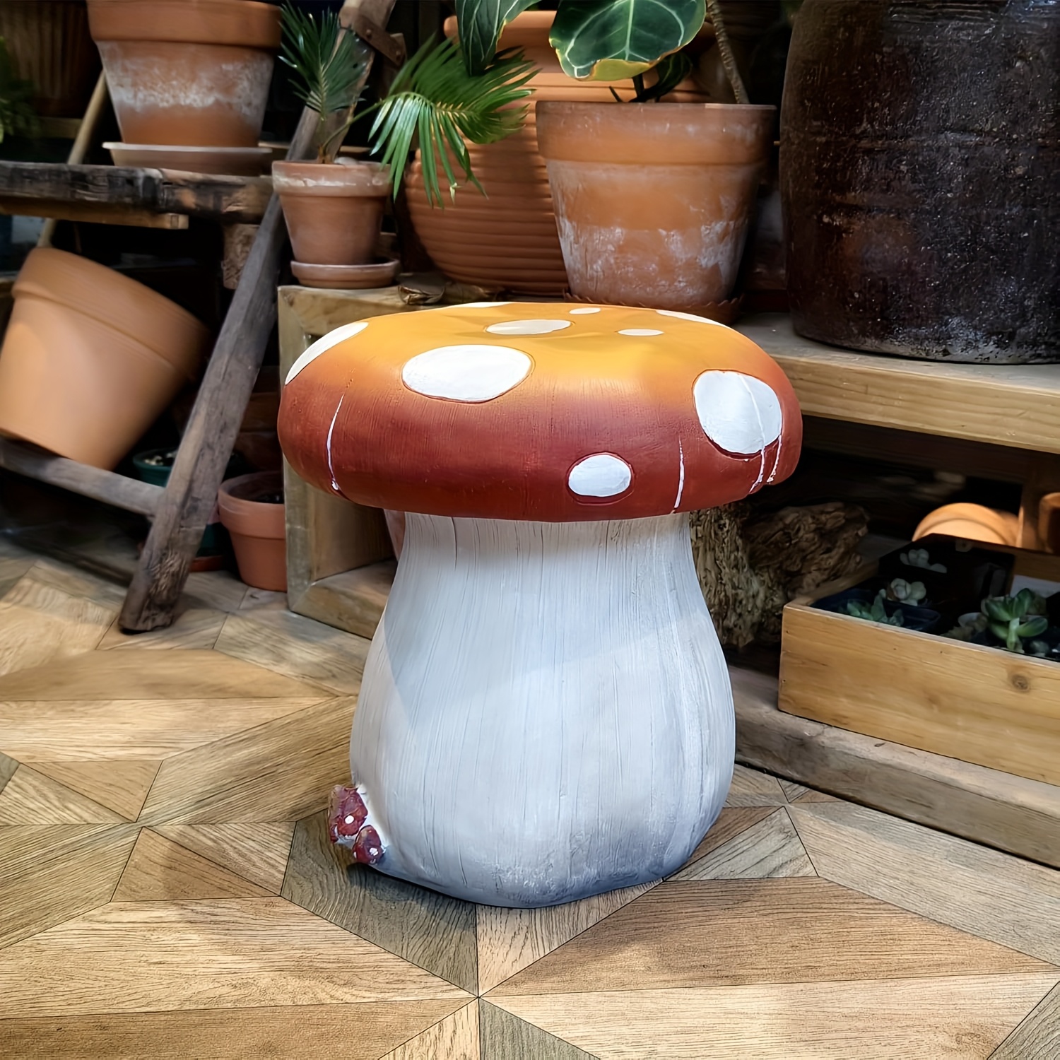 13.4" Oversized Mushroom Statue Stool, Resin Garden Stool with Forest Base, Multi-Purpose Decorative Stool for Courtyard, Lawn, Indoor & Outdoor Summer Decoration - Image 4
