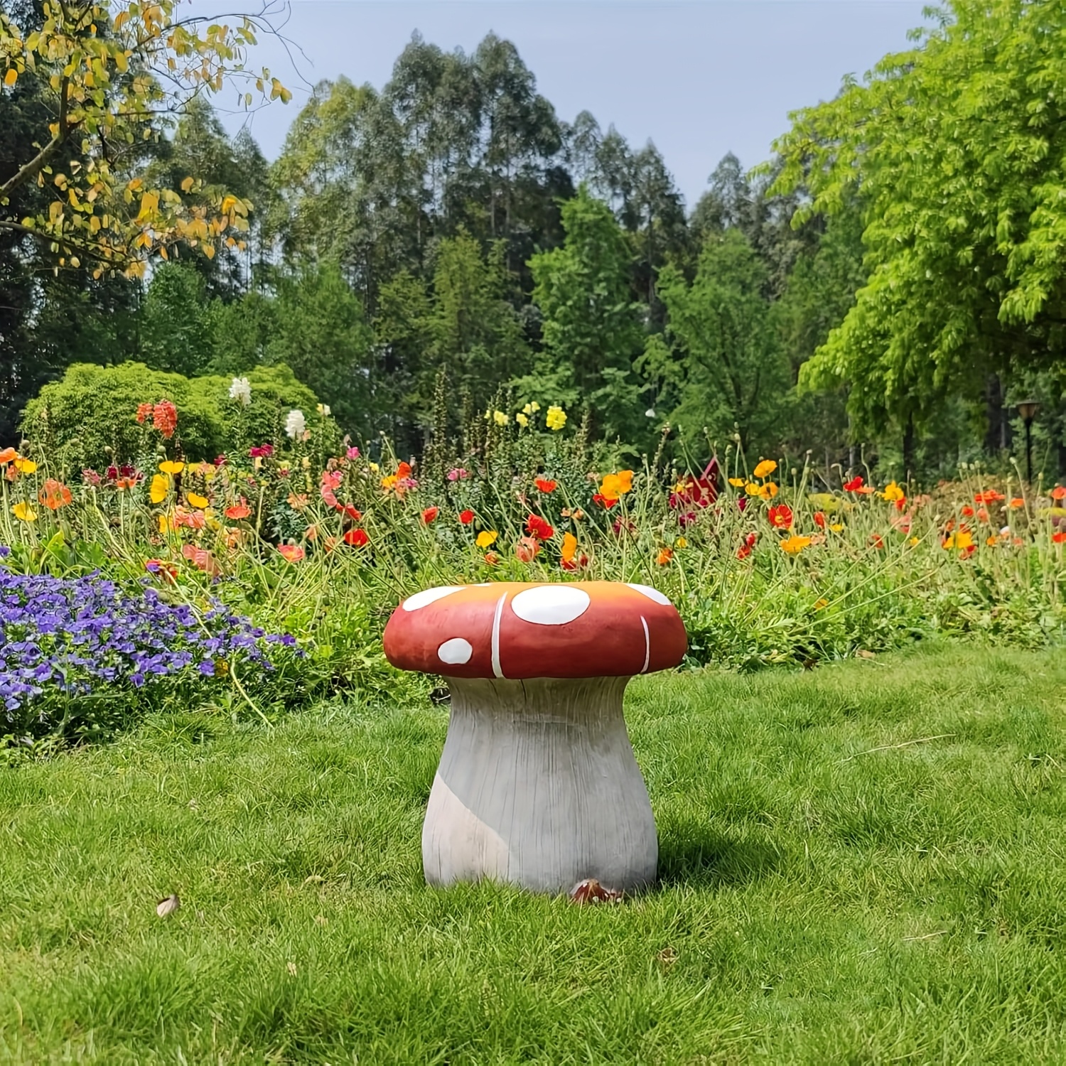 13.4" Oversized Mushroom Statue Stool, Resin Garden Stool with Forest Base, Multi-Purpose Decorative Stool for Courtyard, Lawn, Indoor & Outdoor Summer Decoration - Image 6
