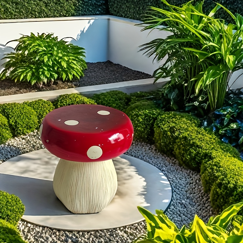 13.8" Oversized Mushroom Statue Stool, Resin Garden Stool with Forest Base, Multi-Purpose Decorative Stool for Courtyard, Lawn, Indoor & Outdoor Summer Decoration - Image 2