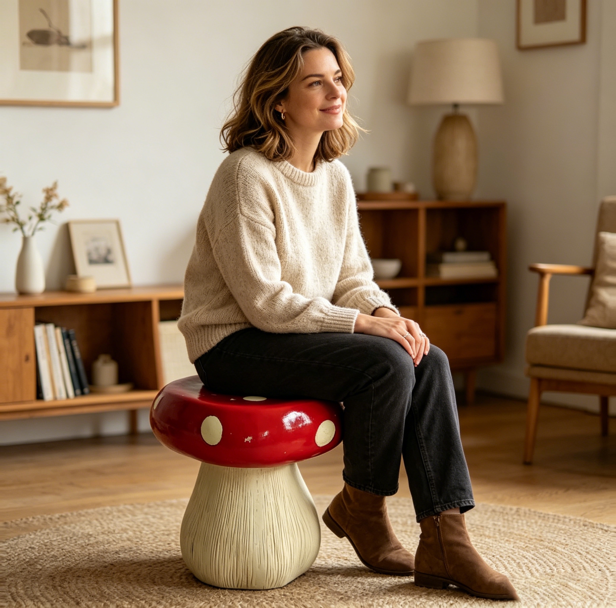 13.8" Oversized Mushroom Statue Stool, Resin Garden Stool with Forest Base, Multi-Purpose Decorative Stool for Courtyard, Lawn, Indoor & Outdoor Summer Decoration - Image 5