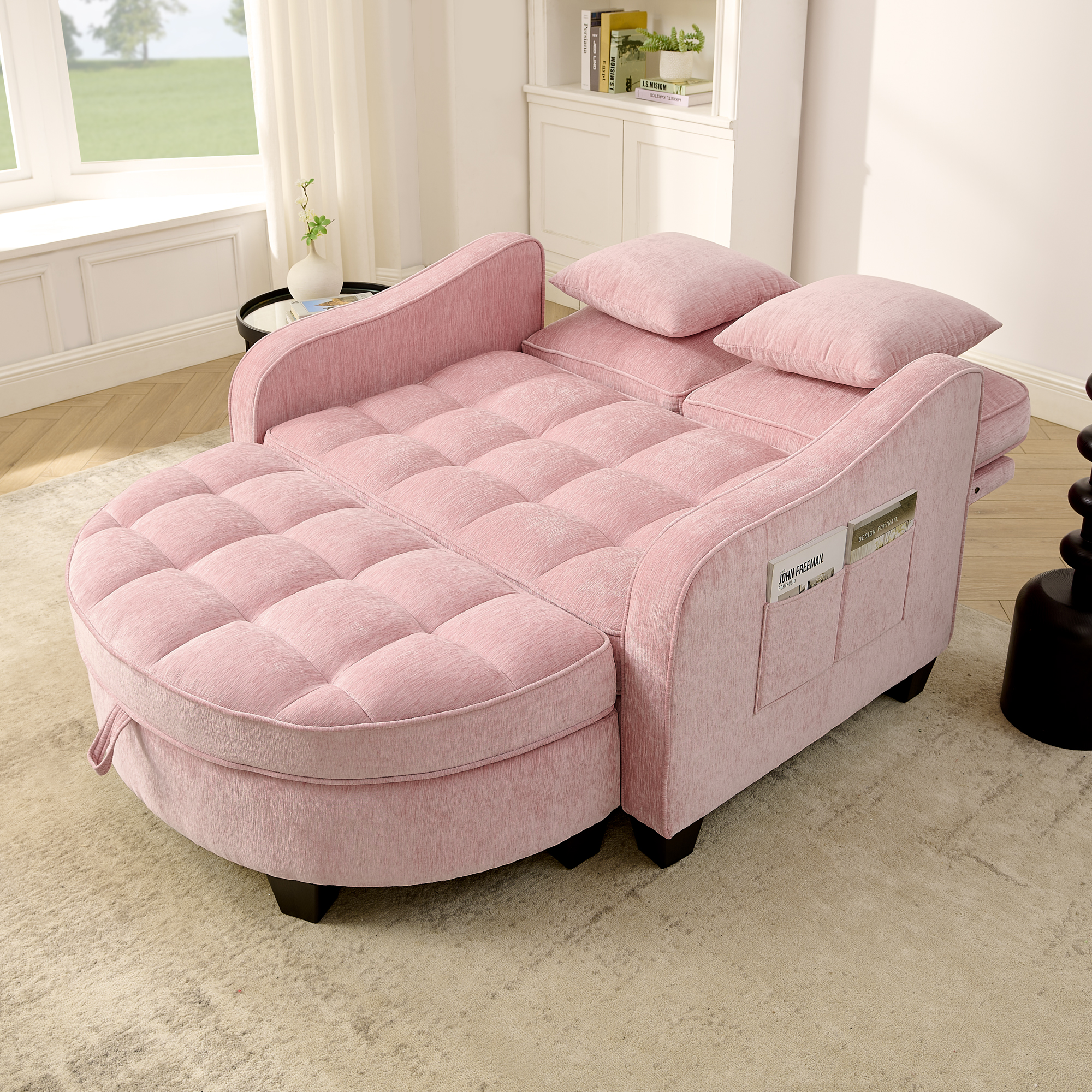 Two-seater sofa, double sofa chaise longue, with irregular armrests and backrests, footrest with storage space, comes with two small throw pillows, suitable for living room and bedroom -Pink - Image 2