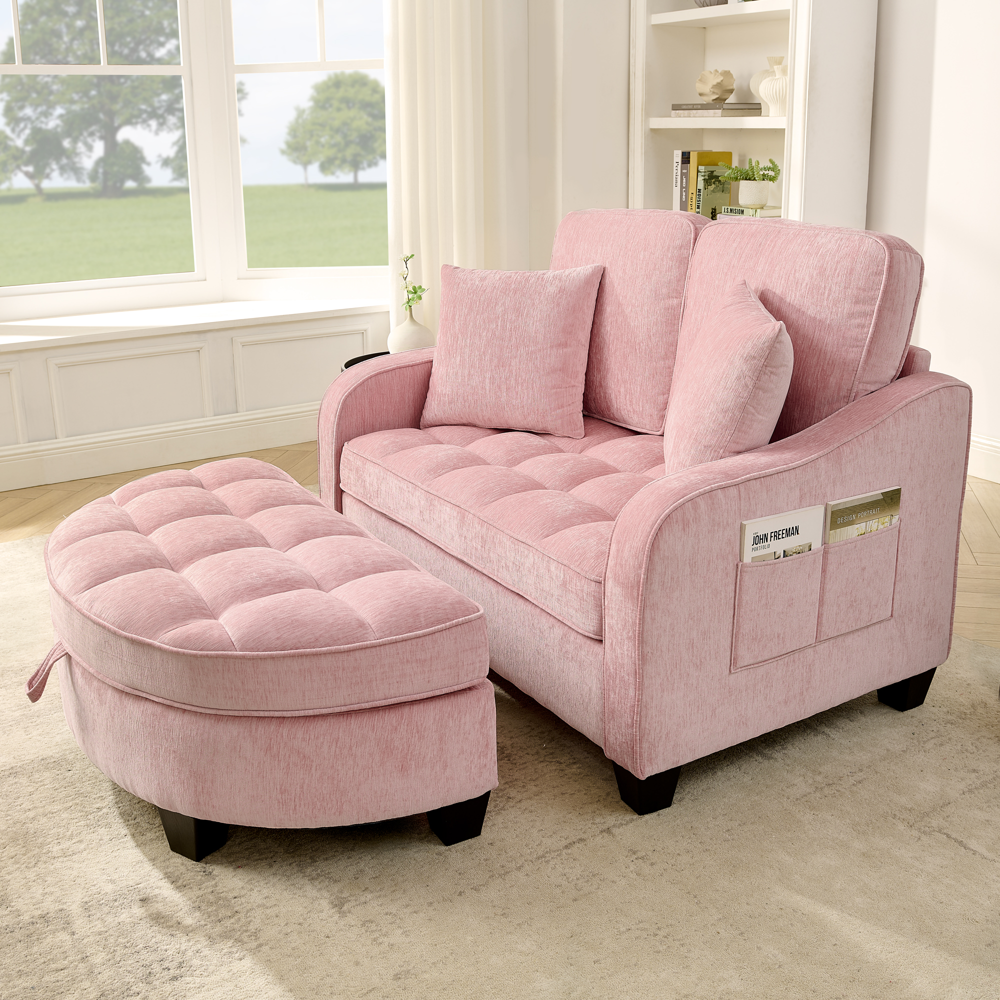 Two-seater sofa, double sofa chaise longue, with irregular armrests and backrests, footrest with storage space, comes with two small throw pillows, suitable for living room and bedroom -Pink - Image 3