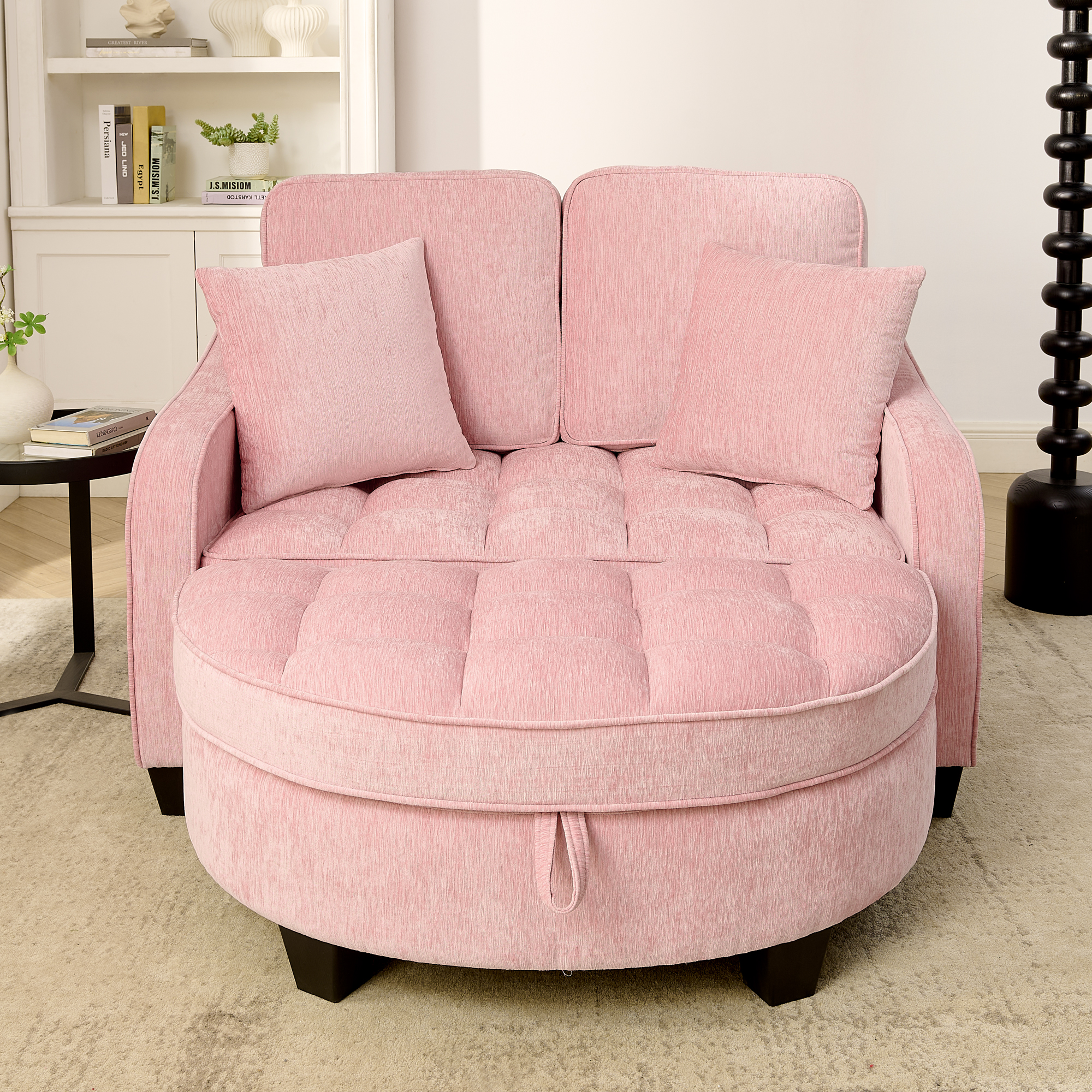 Two-seater sofa, double sofa chaise longue, with irregular armrests and backrests, footrest with storage space, comes with two small throw pillows, suitable for living room and bedroom -Pink - Image 4