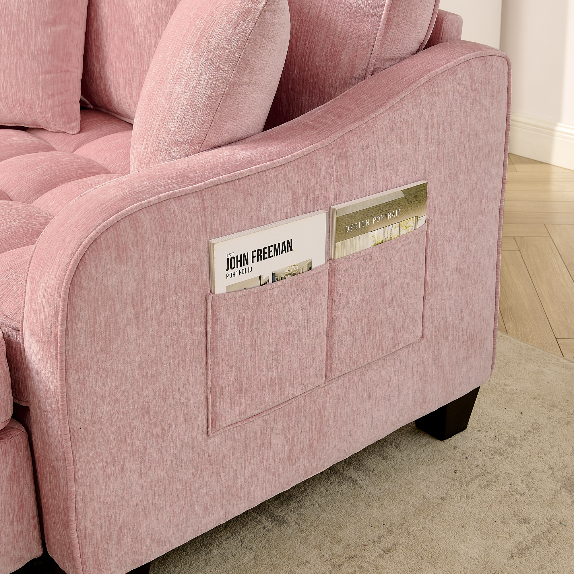 Two-seater sofa, double sofa chaise longue, with irregular armrests and backrests, footrest with storage space, comes with two small throw pillows, suitable for living room and bedroom -Pink - Image 6