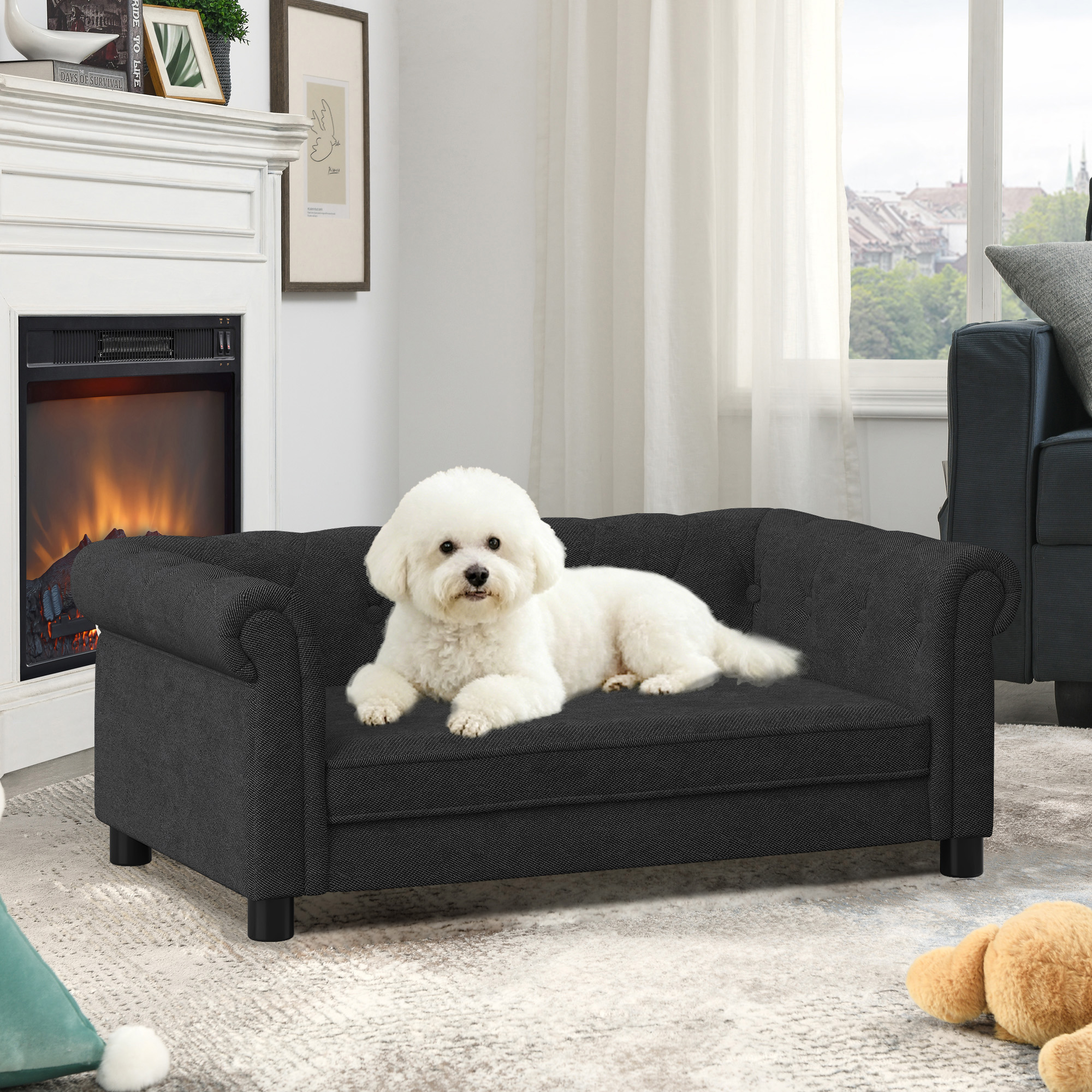 Elegant rectangular pet bed for small and medium-sized dogs, durable elevated dog sofa bed, comfortable dog sofa, modern and fashionable linen fabric dog sofa-Black - Image 2