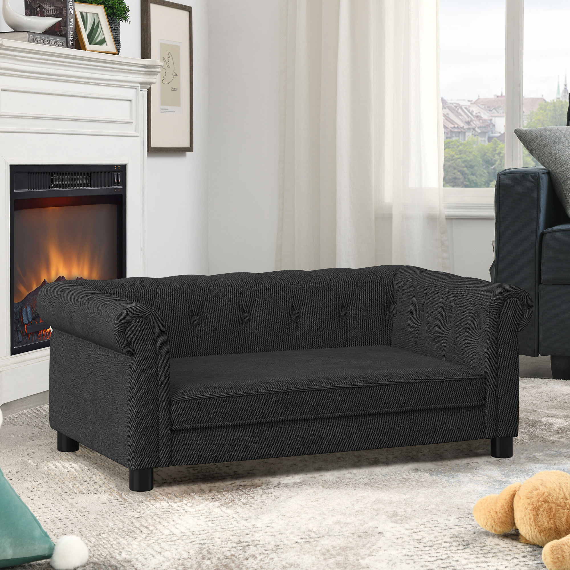 Elegant rectangular pet bed for small and medium-sized dogs, durable elevated dog sofa bed, comfortable dog sofa, modern and fashionable linen fabric dog sofa-Black - Image 3