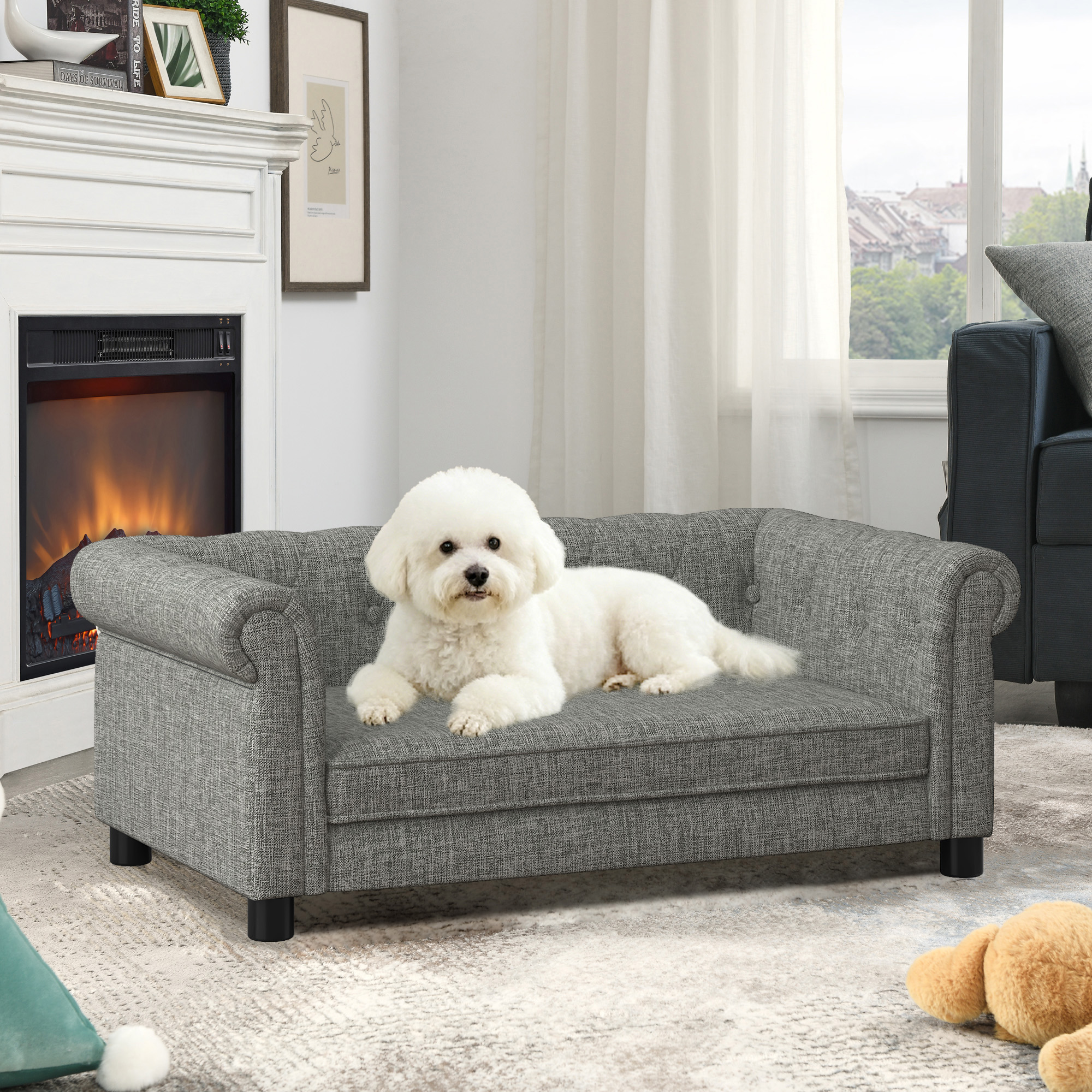 Elegant rectangular pet bed for small and medium-sized dogs, durable elevated dog sofa bed, comfortable dog sofa, modern and fashionable linen fabric dog sofa-Light grey - Image 2