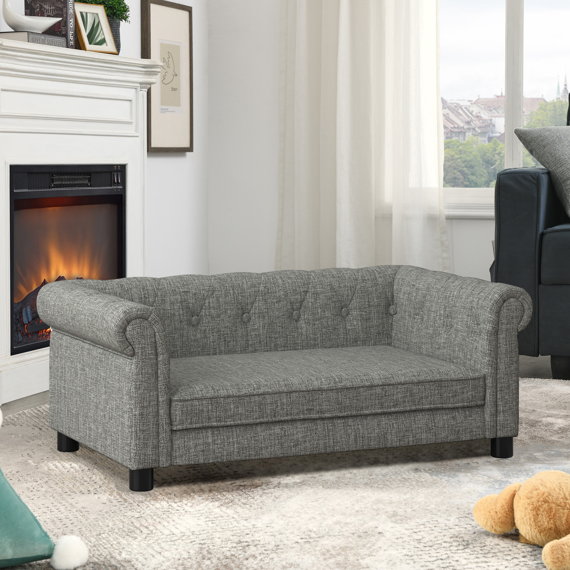 Elegant rectangular pet bed for small and medium-sized dogs, durable elevated dog sofa bed, comfortable dog sofa, modern and fashionable linen fabric dog sofa-Light grey - Image 3