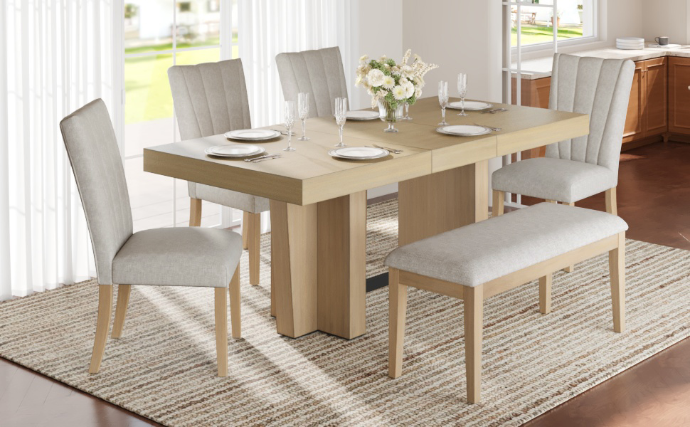 TOPMAX Farmhouse 76.0inch Extendable Wood Dining Table Set for 6, Kitchen Table Set with Bench and 4 Upholstered Chairs,3.8inch Thick Tabletop and Trestle Legs for Kitchen, Dining Room, Natural+Beige - Image 2