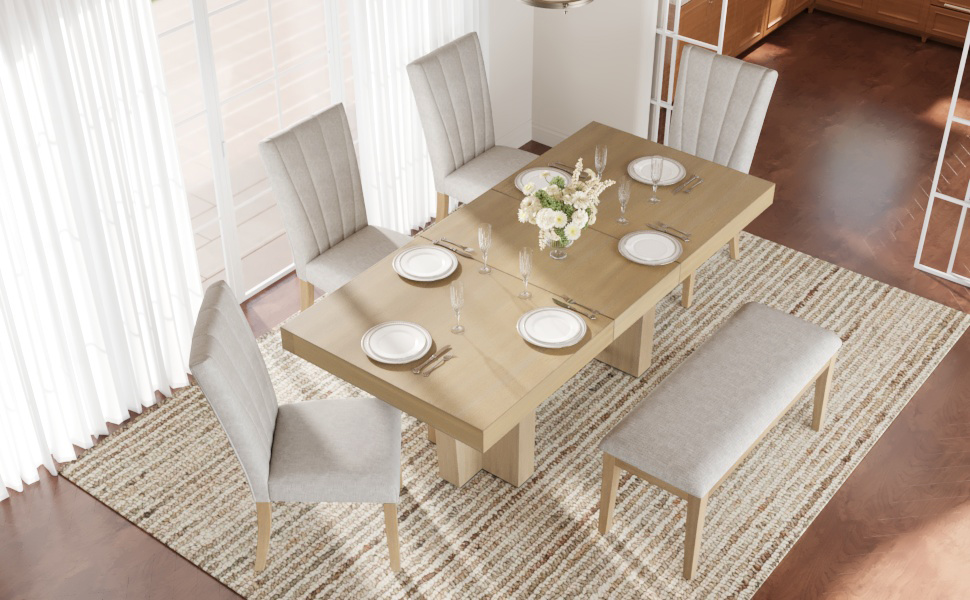 TOPMAX Farmhouse 76.0inch Extendable Wood Dining Table Set for 6, Kitchen Table Set with Bench and 4 Upholstered Chairs,3.8inch Thick Tabletop and Trestle Legs for Kitchen, Dining Room, Natural+Beige - Image 4