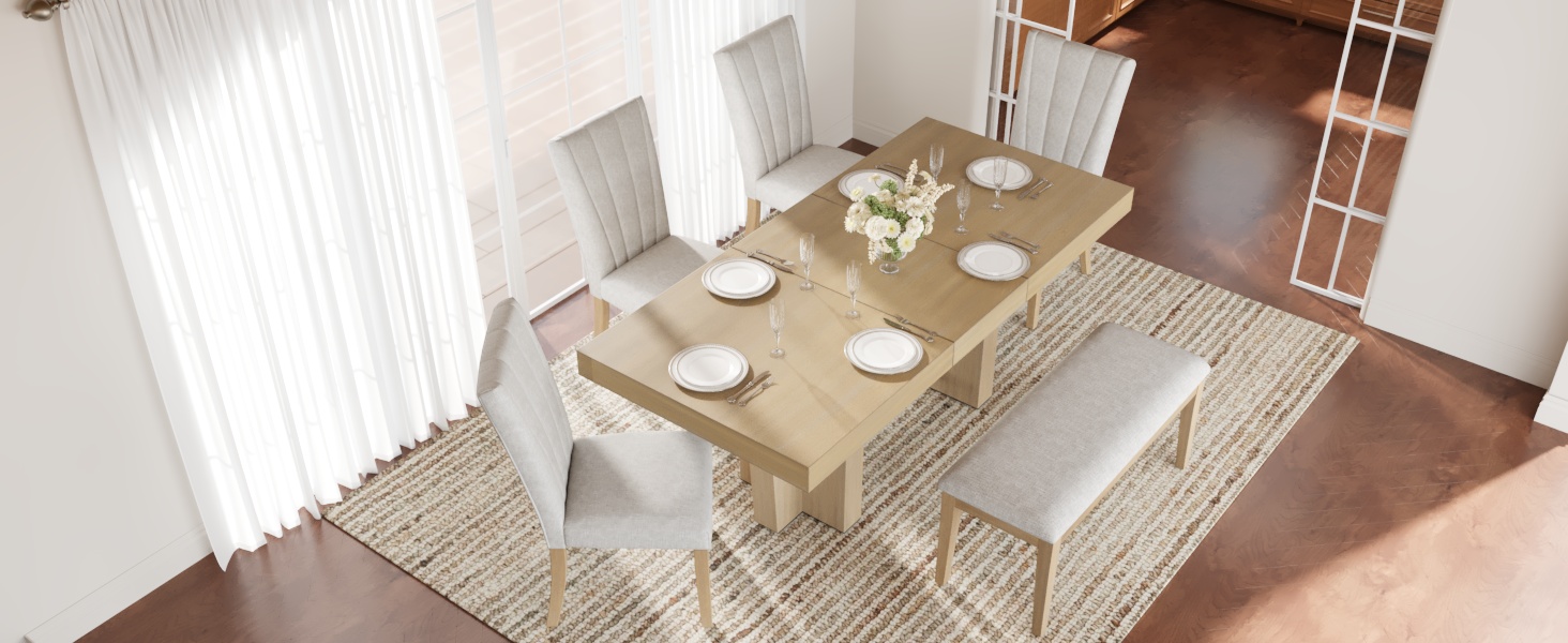 TOPMAX Farmhouse 76.0inch Extendable Wood Dining Table Set for 6, Kitchen Table Set with Bench and 4 Upholstered Chairs,3.8inch Thick Tabletop and Trestle Legs for Kitchen, Dining Room, Natural+Beige - Image 3
