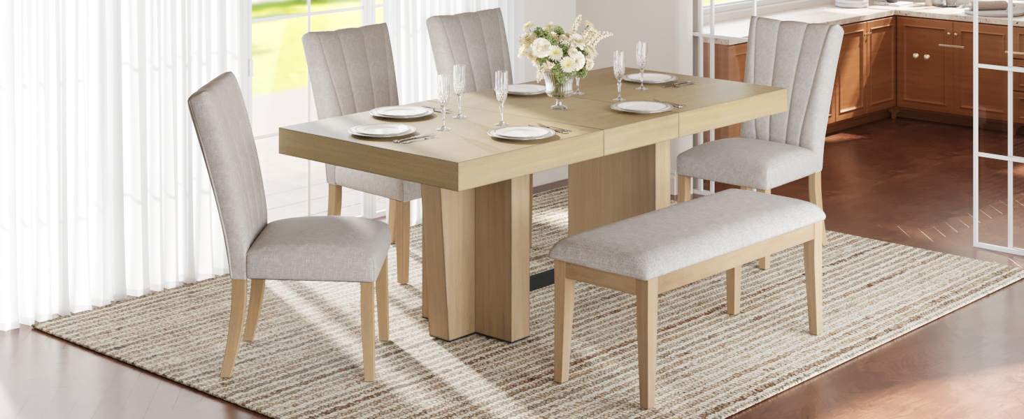 TOPMAX Farmhouse 76.0inch Extendable Wood Dining Table Set for 6, Kitchen Table Set with Bench and 4 Upholstered Chairs,3.8inch Thick Tabletop and Trestle Legs for Kitchen, Dining Room, Natural+Beige - Image 5