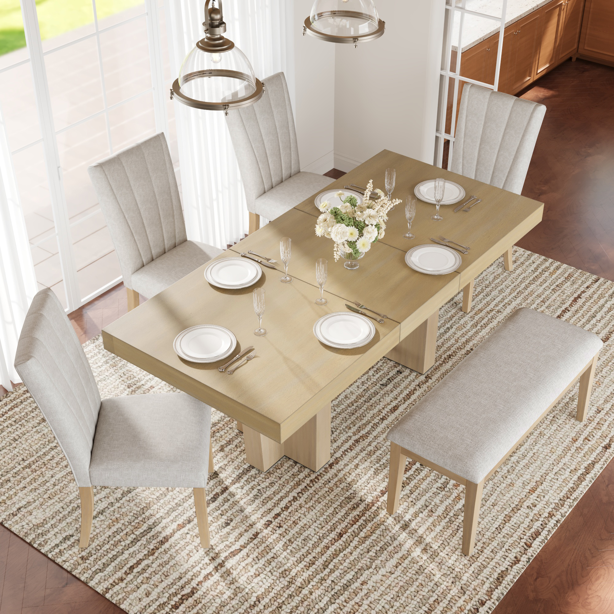 TOPMAX Farmhouse 76.0inch Extendable Wood Dining Table Set for 6, Kitchen Table Set with Bench and 4 Upholstered Chairs,3.8inch Thick Tabletop and Trestle Legs for Kitchen, Dining Room, Natural+Beige - Image 6