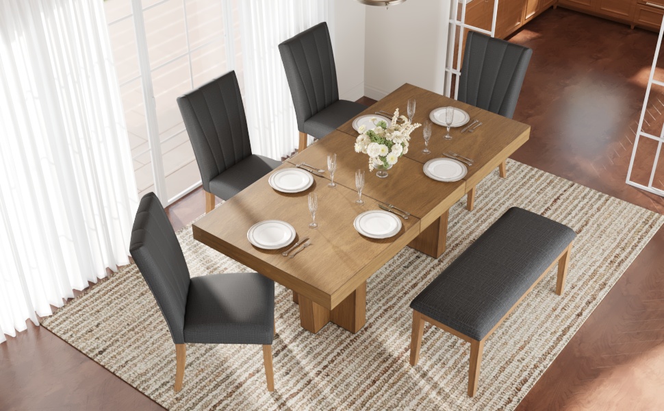 TOPMAX Farmhouse 78.1inch Extendable Wood Dining Table Set for 6, Kitchen Table Set with Bench and 4 Upholstered Chairs,3.8inch Thick Tabletop and Trestle Legs for Kitchen, Dining Room, Brown+Gray - Image 2