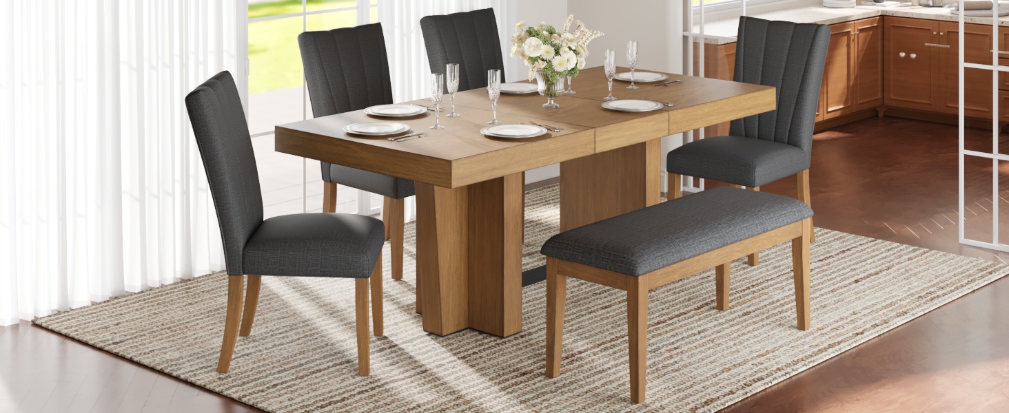 TOPMAX Farmhouse 78.1inch Extendable Wood Dining Table Set for 6, Kitchen Table Set with Bench and 4 Upholstered Chairs,3.8inch Thick Tabletop and Trestle Legs for Kitchen, Dining Room, Brown+Gray - Image 3