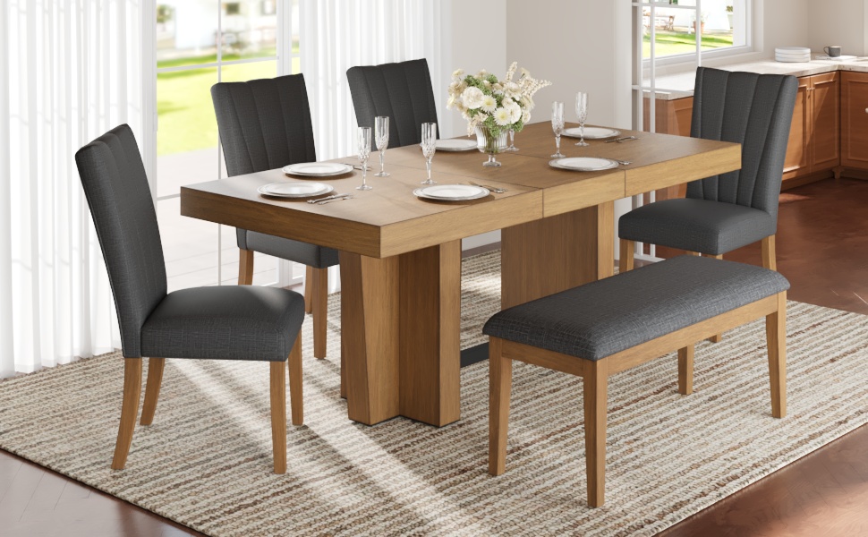 TOPMAX Farmhouse 78.1inch Extendable Wood Dining Table Set for 6, Kitchen Table Set with Bench and 4 Upholstered Chairs,3.8inch Thick Tabletop and Trestle Legs for Kitchen, Dining Room, Brown+Gray - Image 4