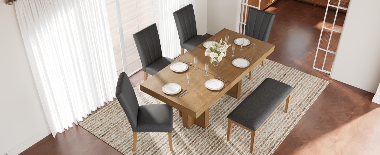 TOPMAX Farmhouse 78.1inch Extendable Wood Dining Table Set for 6, Kitchen Table Set with Bench and 4 Upholstered Chairs,3.8inch Thick Tabletop and Trestle Legs for Kitchen, Dining Room, Brown+Gray - Image 5