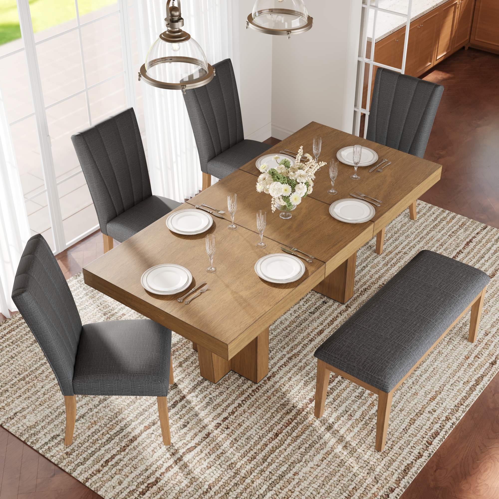 TOPMAX Farmhouse 78.1inch Extendable Wood Dining Table Set for 6, Kitchen Table Set with Bench and 4 Upholstered Chairs,3.8inch Thick Tabletop and Trestle Legs for Kitchen, Dining Room, Brown+Gray - Image 6