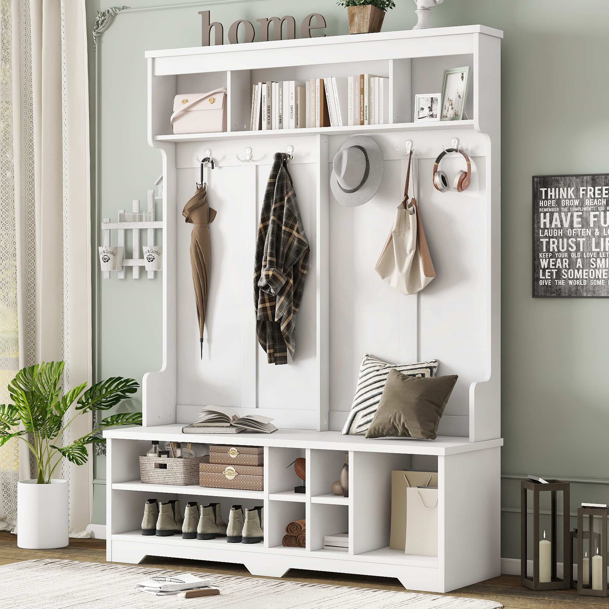 Modern Hallway Hall Tree with Metal Hooks and Storage Space, Multi-Functional Entryway Coat Rack with Shoe Cubbies, White - Image 2
