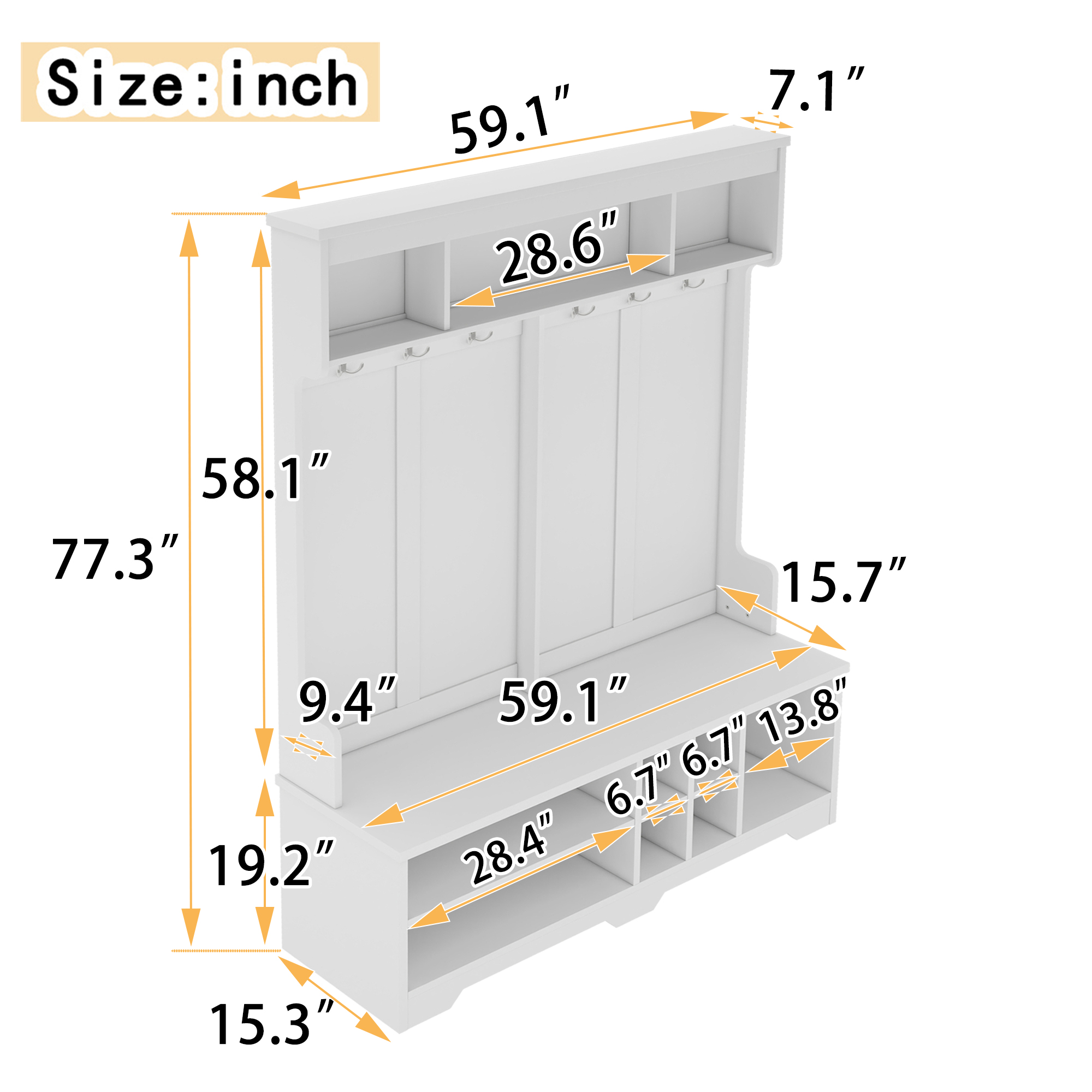 Modern Hallway Hall Tree with Metal Hooks and Storage Space, Multi-Functional Entryway Coat Rack with Shoe Cubbies, White - Image 3