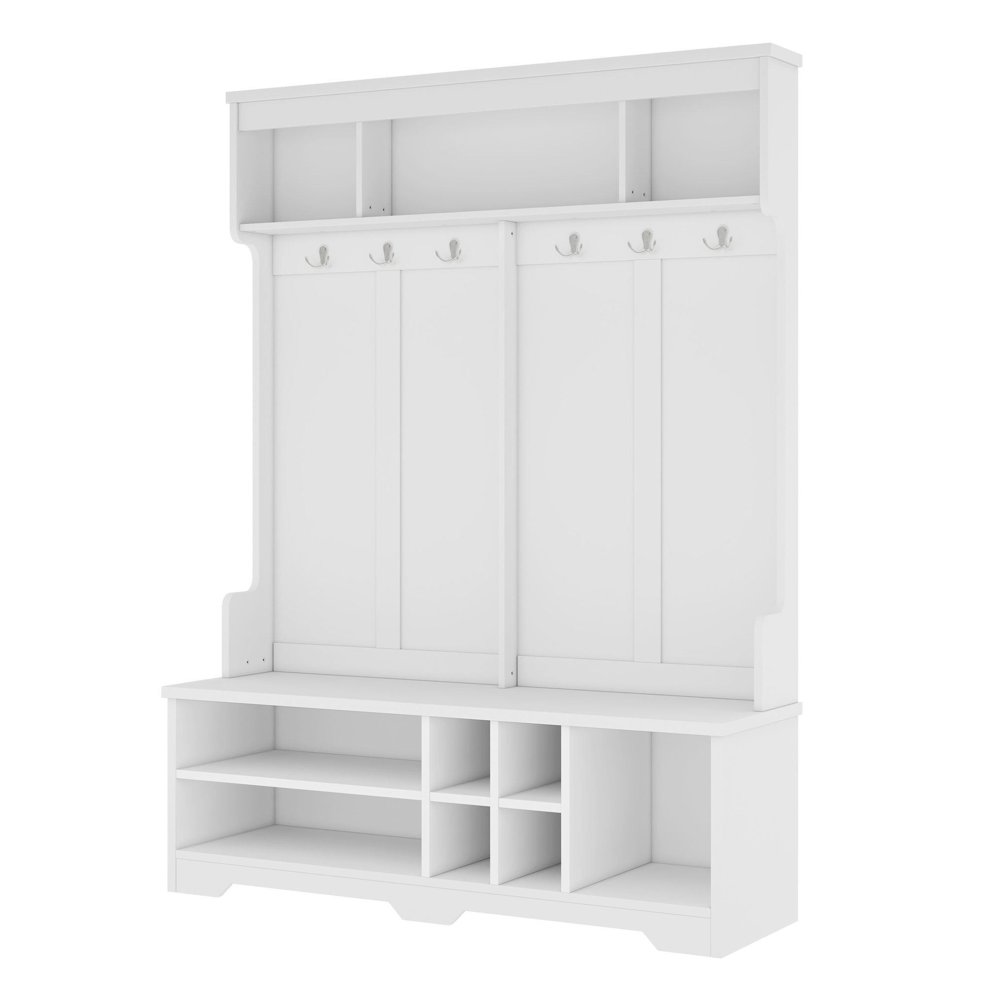 Modern Hallway Hall Tree with Metal Hooks and Storage Space, Multi-Functional Entryway Coat Rack with Shoe Cubbies, White - Image 4