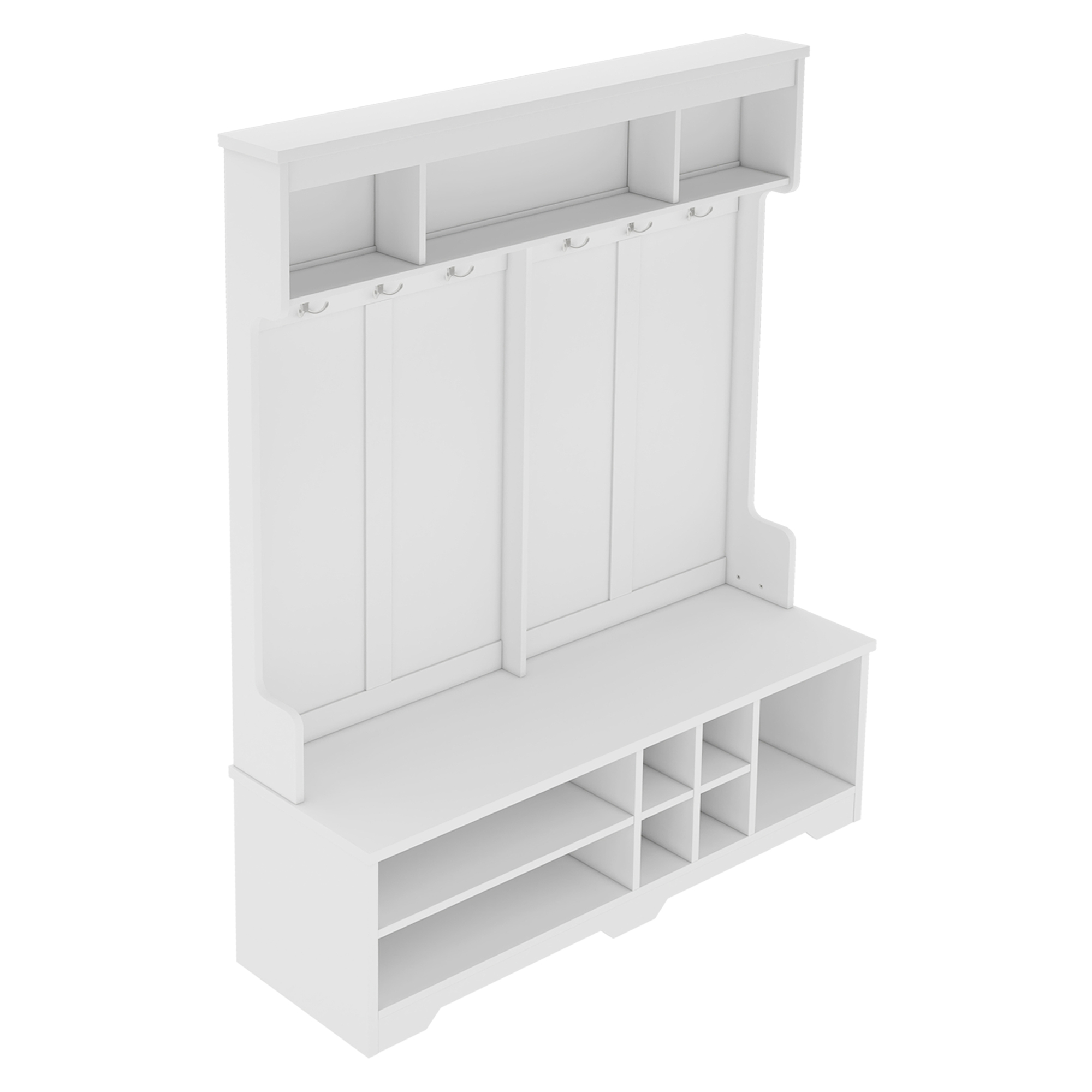 Modern Hallway Hall Tree with Metal Hooks and Storage Space, Multi-Functional Entryway Coat Rack with Shoe Cubbies, White - Image 6