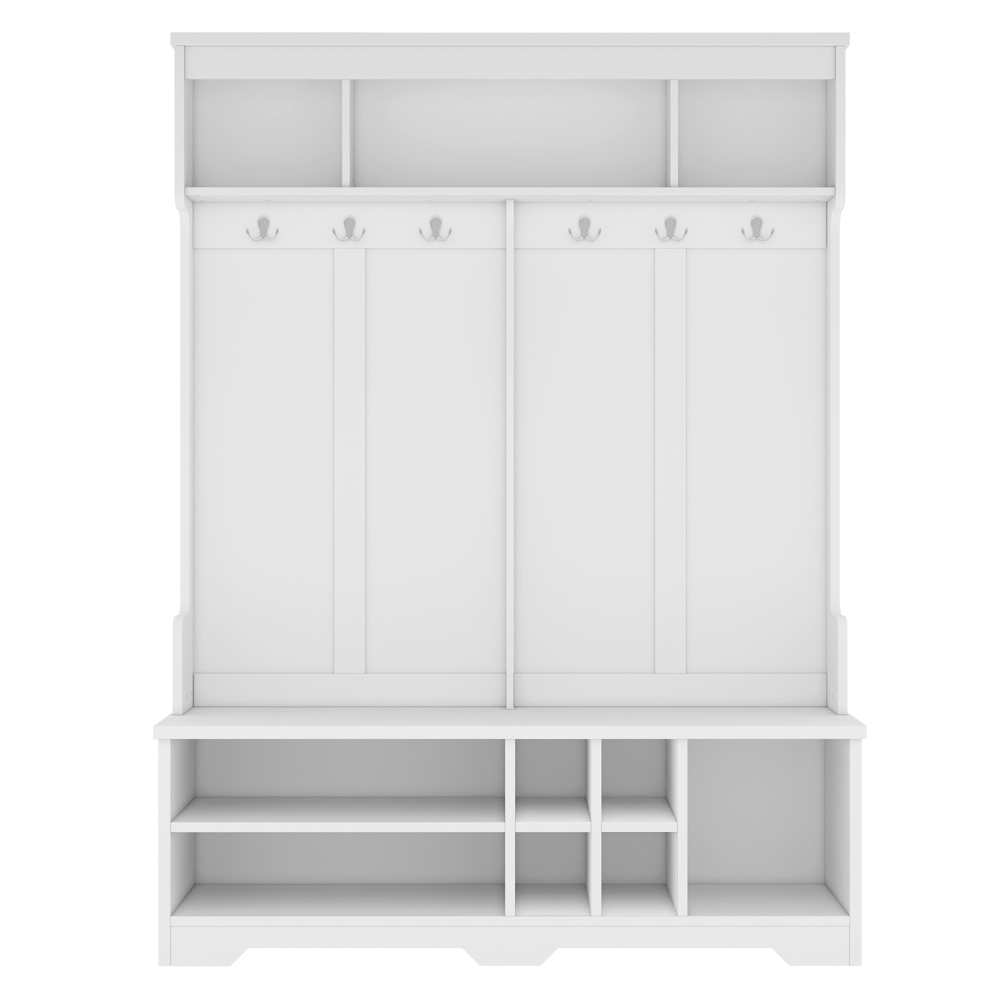 Modern Hallway Hall Tree with Metal Hooks and Storage Space, Multi-Functional Entryway Coat Rack with Shoe Cubbies, White - Image 5