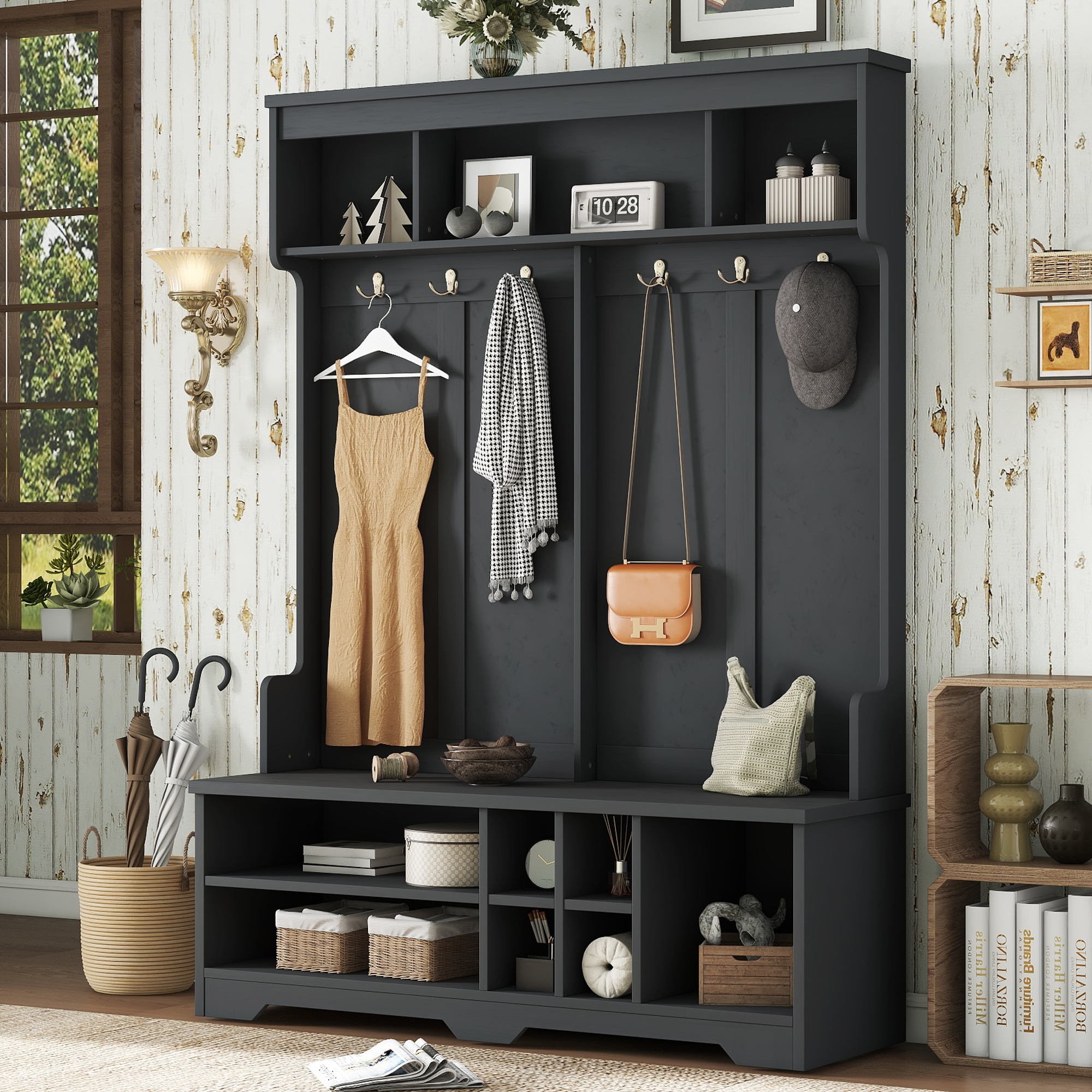 Modern Hallway Hall Tree with Metal Hooks and Storage Space, Multi-Functional Entryway Coat Rack with Shoe Cubbies, Black - Image 2
