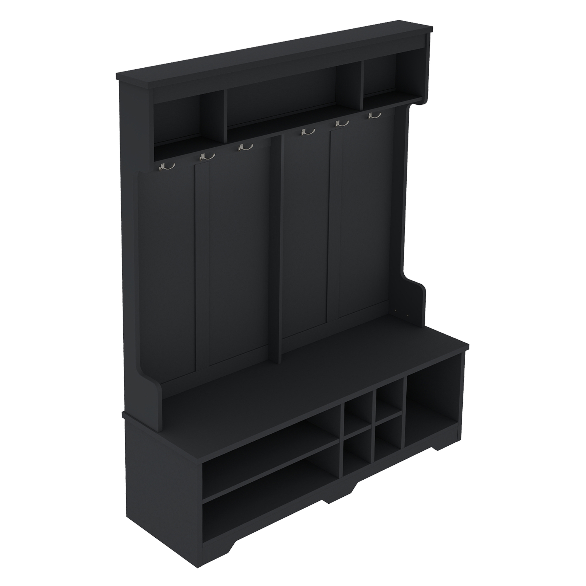 Modern Hallway Hall Tree with Metal Hooks and Storage Space, Multi-Functional Entryway Coat Rack with Shoe Cubbies, Black - Image 4