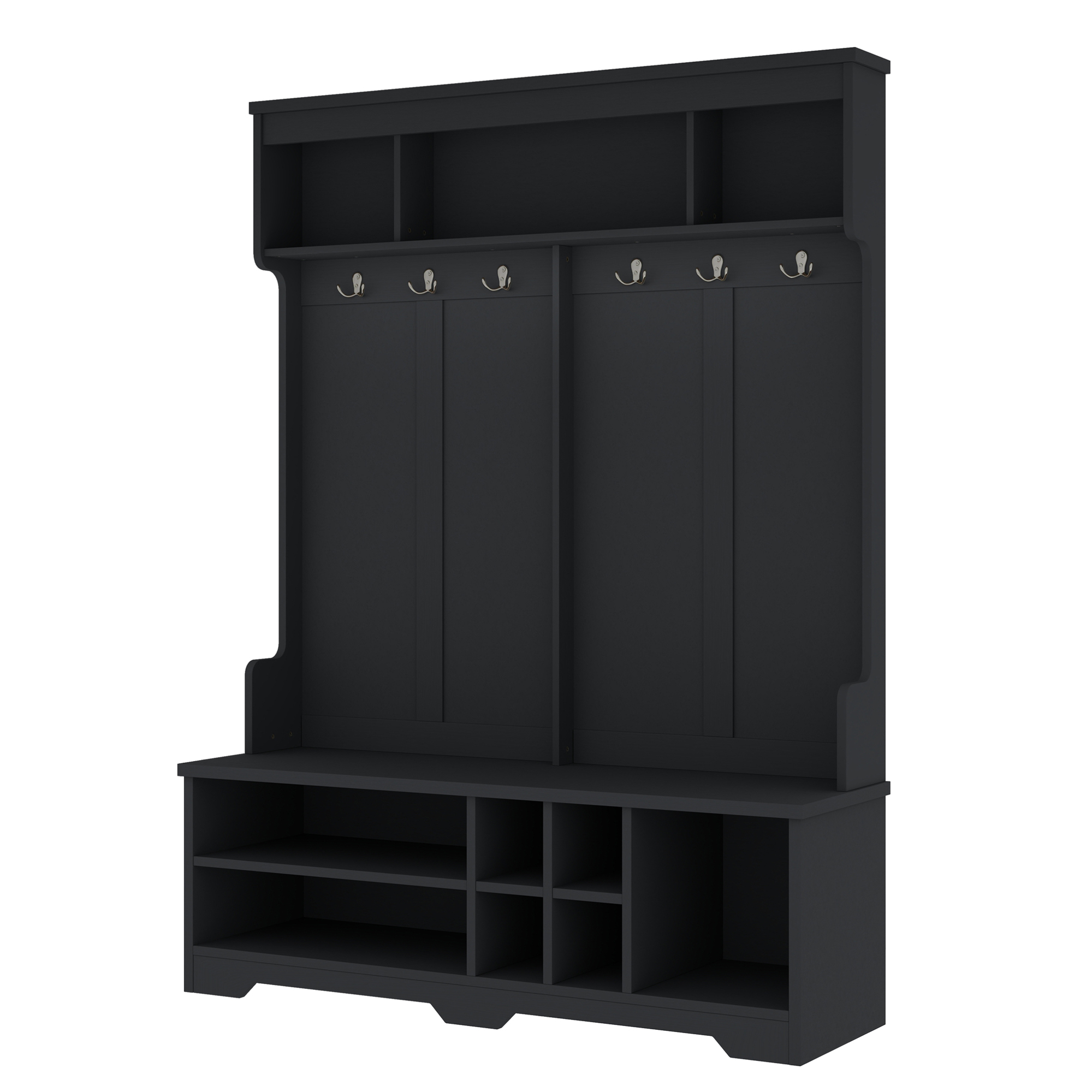 Modern Hallway Hall Tree with Metal Hooks and Storage Space, Multi-Functional Entryway Coat Rack with Shoe Cubbies, Black - Image 5