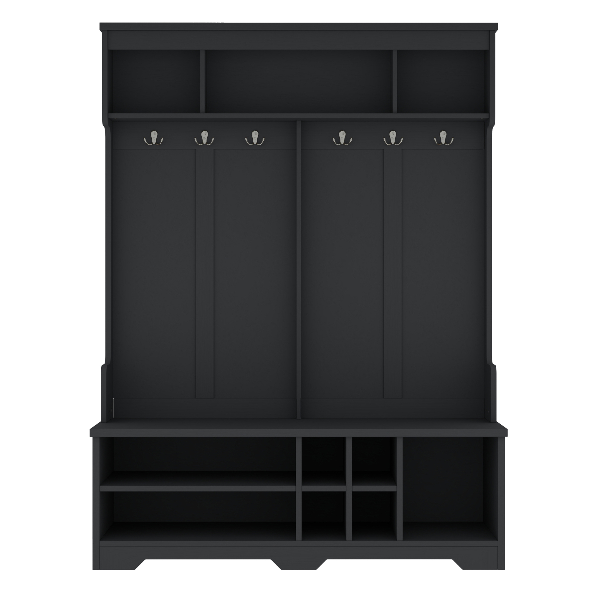 Modern Hallway Hall Tree with Metal Hooks and Storage Space, Multi-Functional Entryway Coat Rack with Shoe Cubbies, Black - Image 6