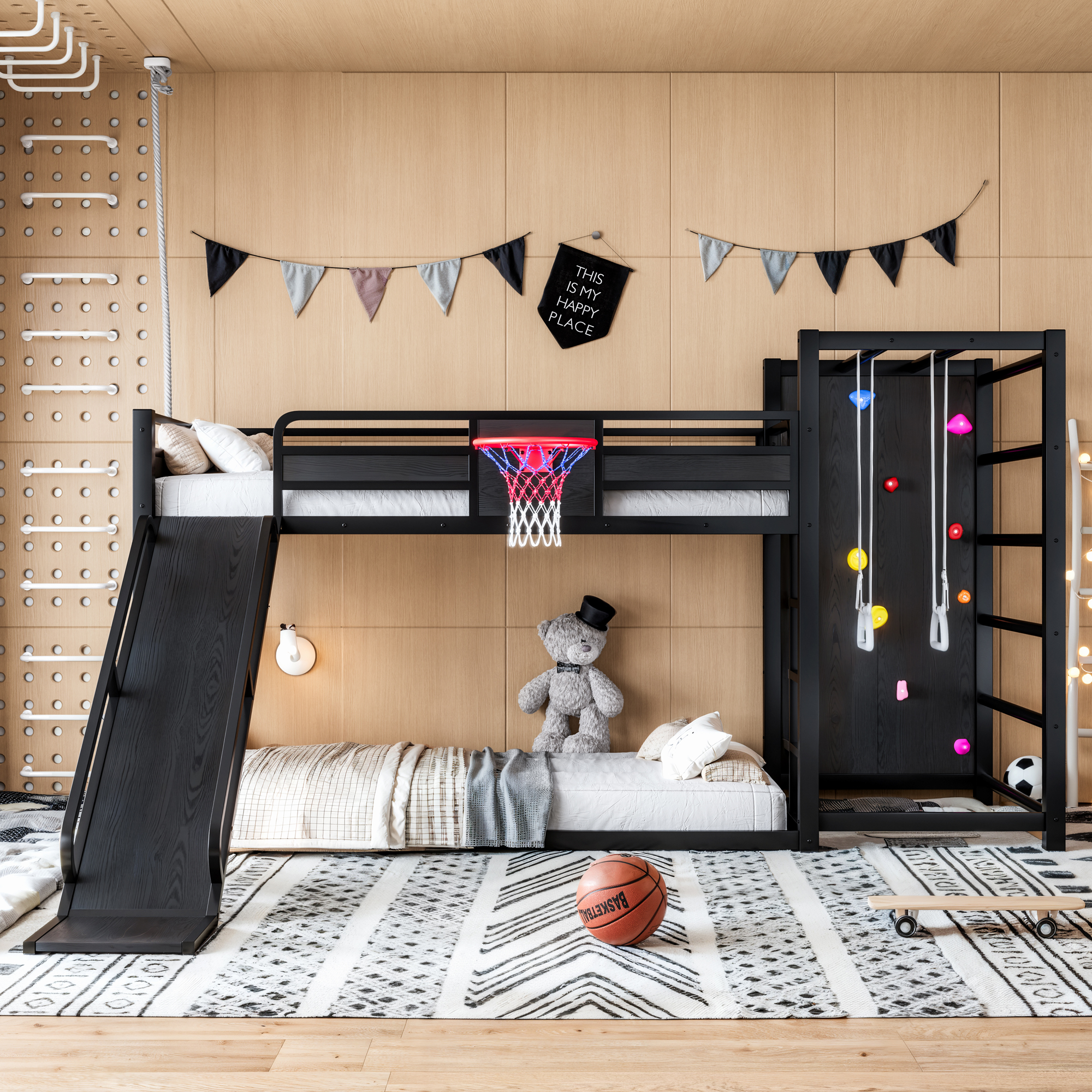 Twin XL size metal loft/bunk bed with basketball hoop, pull-up rings, climbing wall, and built-in bookshelves. Playful children’s design featuring a slide,Black.