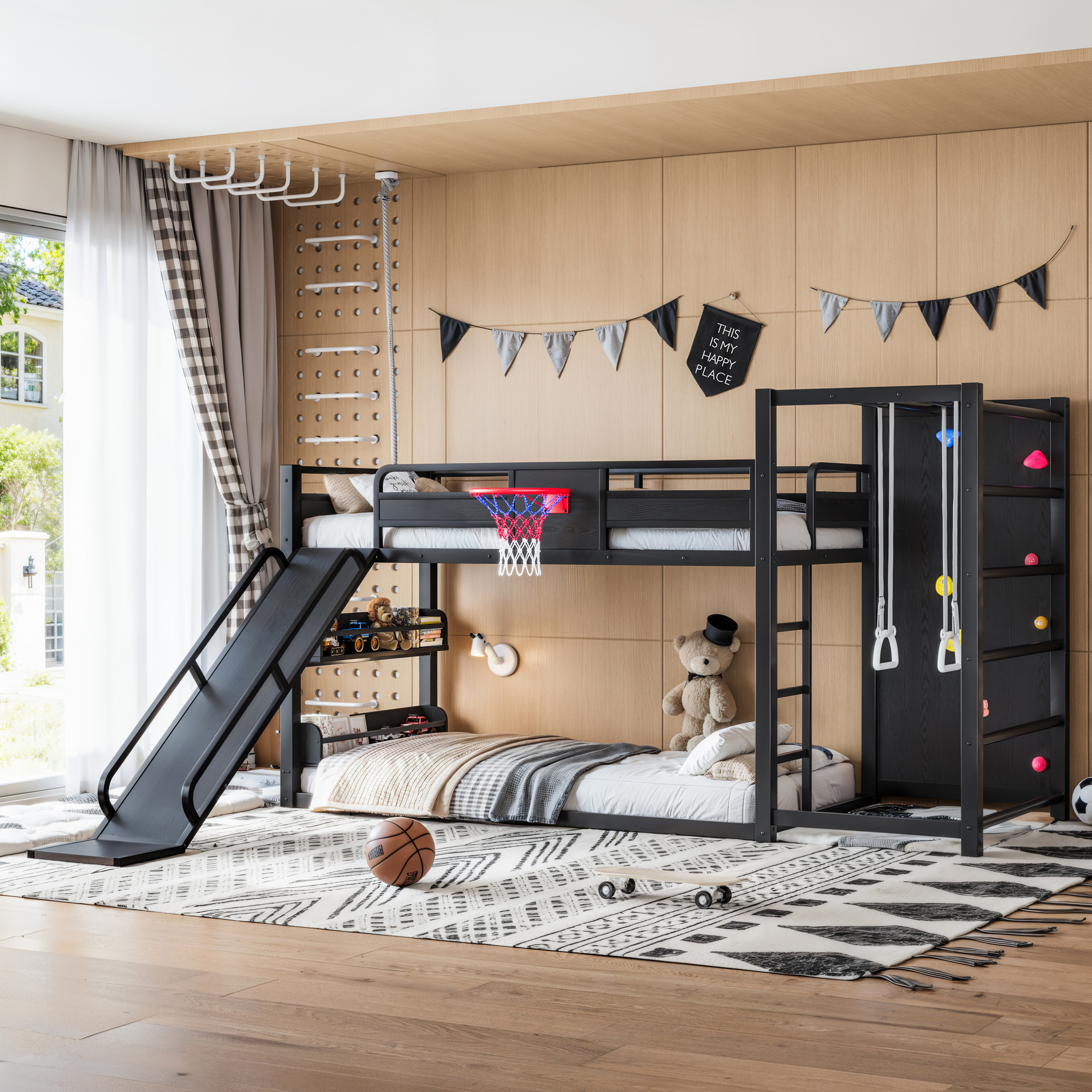 Twin XL size metal loft/bunk bed with basketball hoop, pull-up rings, climbing wall, and built-in bookshelves. Playful children's design featuring a slide,Black. - Image 2