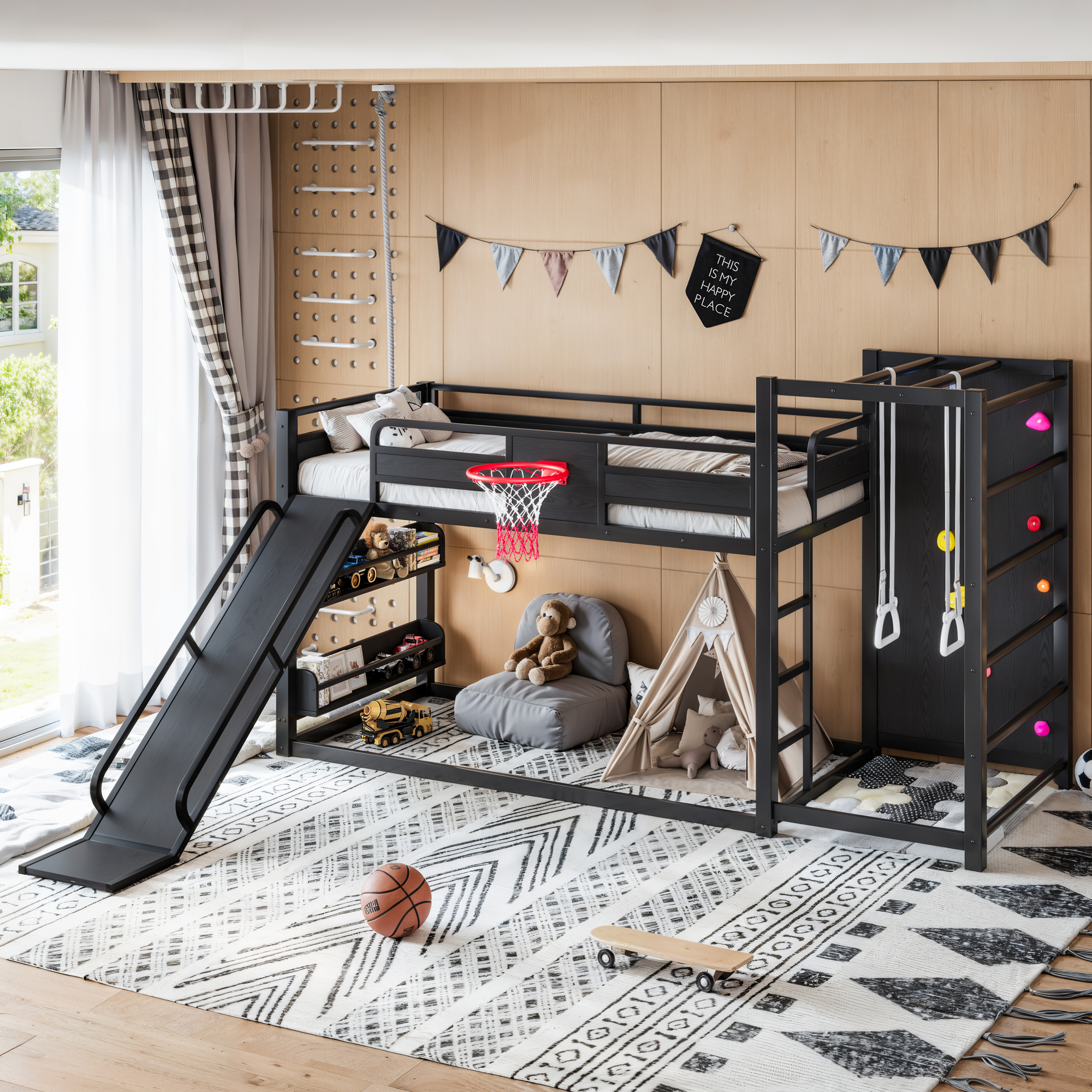 Twin XL size metal loft/bunk bed with basketball hoop, pull-up rings, climbing wall, and built-in bookshelves. Playful children's design featuring a slide,Black. - Image 3