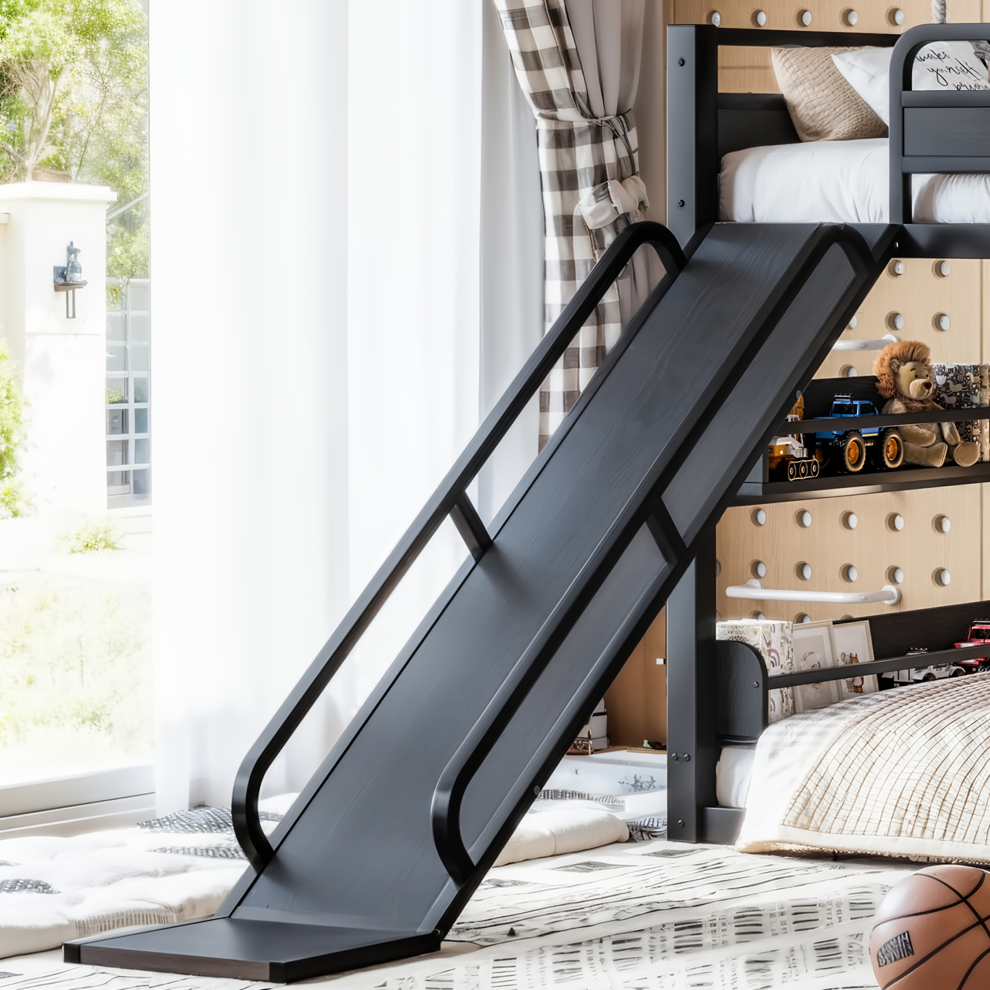 Twin XL size metal loft/bunk bed with basketball hoop, pull-up rings, climbing wall, and built-in bookshelves. Playful children's design featuring a slide,Black. - Image 5