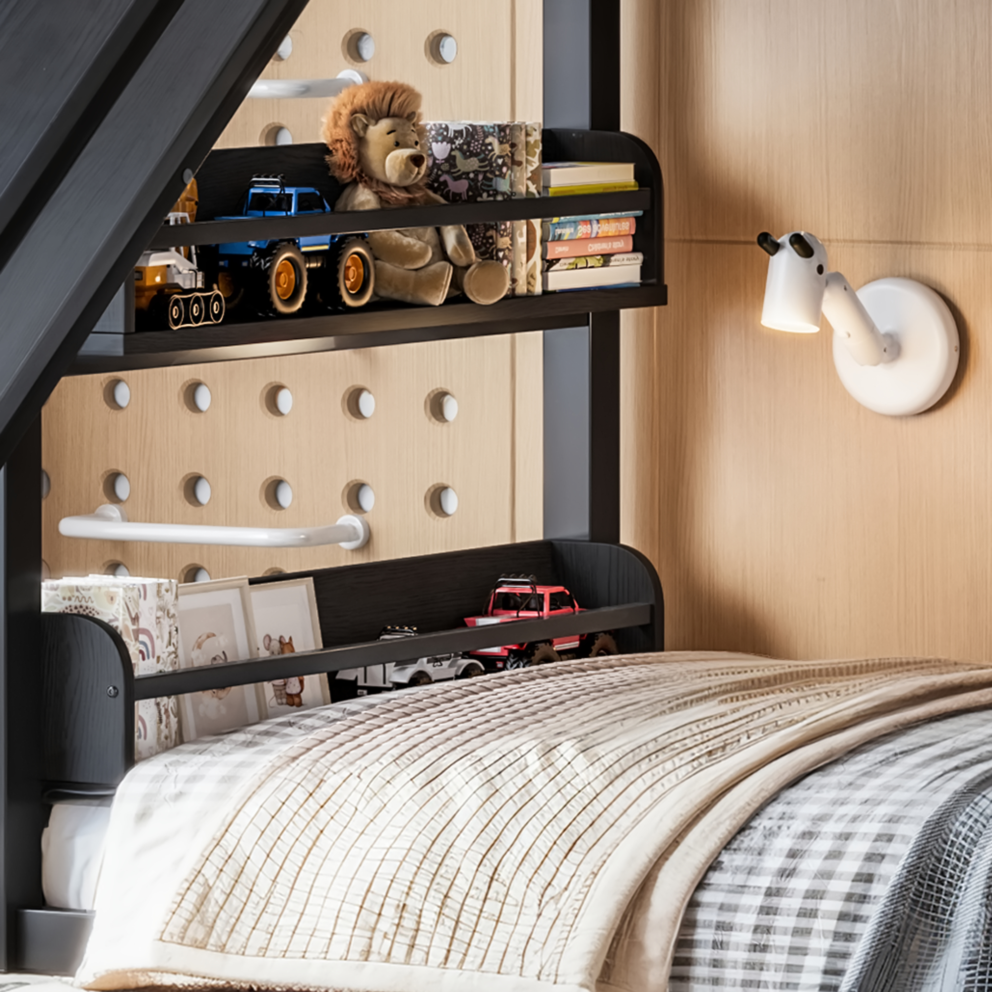 Twin XL size metal loft/bunk bed with basketball hoop, pull-up rings, climbing wall, and built-in bookshelves. Playful children's design featuring a slide,Black. - Image 6